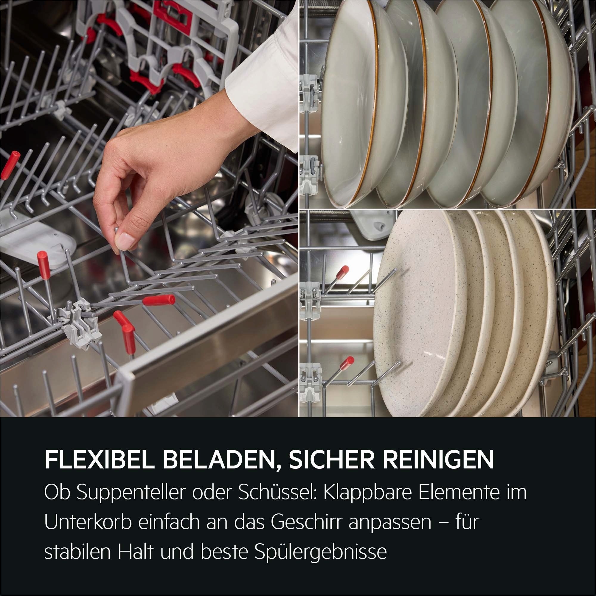 Innenraum der Spülmaschine mit Tellern und einer Hand, die das Gestell einstellt. Teller sind grau mit braunen Rändern. Text unten.