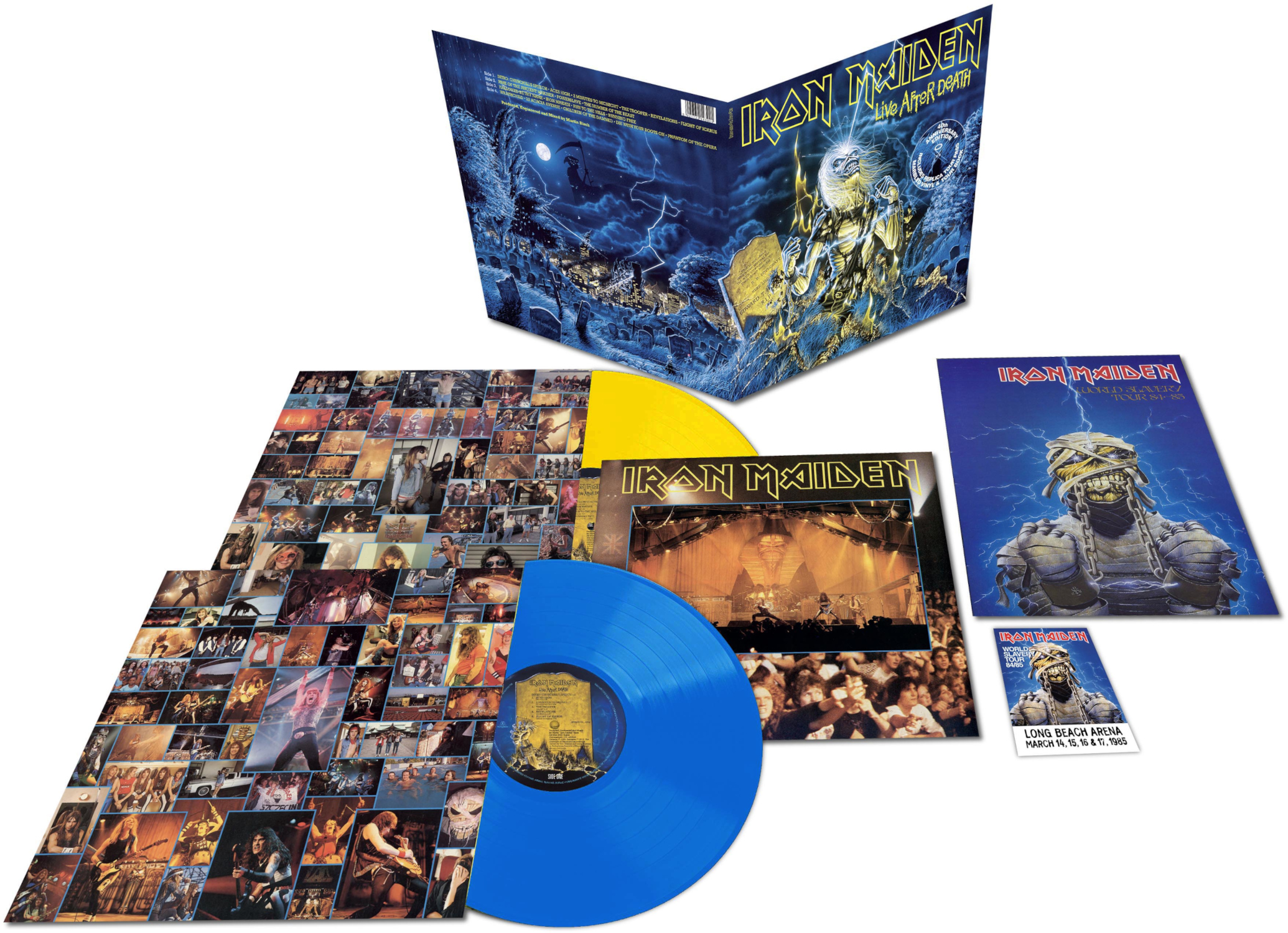 Iron Maiden album különböző borítókkal, kék és sárga bakelittel. Az album grafikája Eddie-t és koncertfotókat tartalmaz.