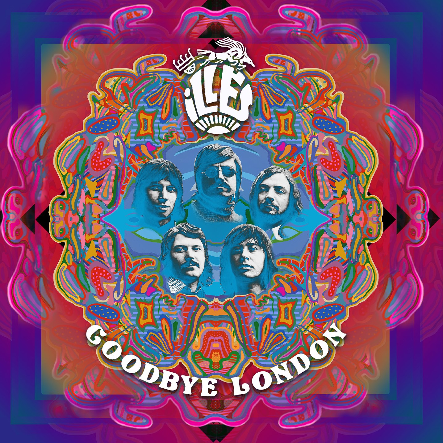 Album borító kékben a zenekar tagjaival, színes pszichedelikus művészettel körülvéve, a 'Goodbye London' felirattal.