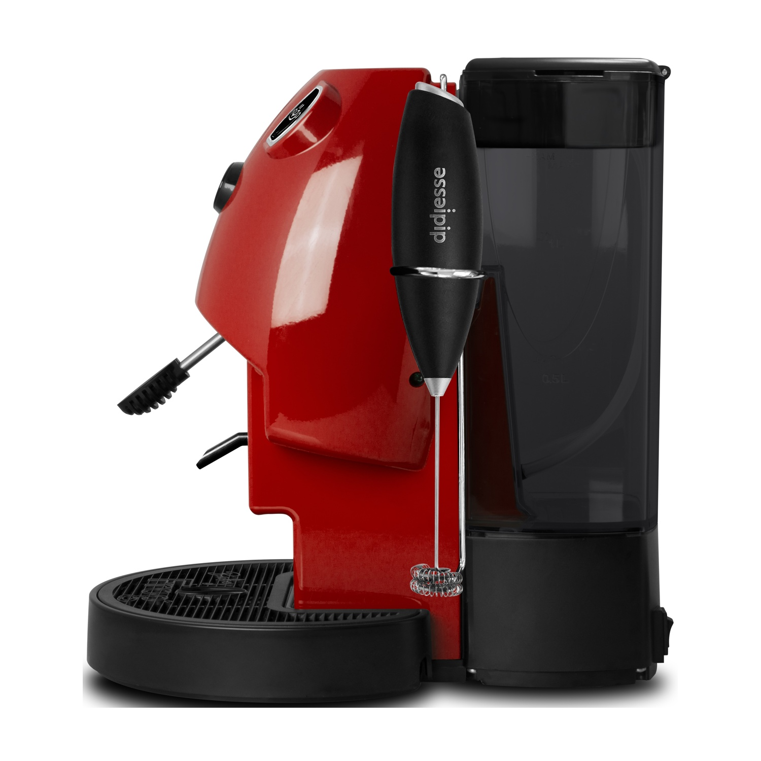 Una macchina per espresso rossa con montalatte nero e contenitore dell'acqua su sfondo bianco. Il marchio è visibile.