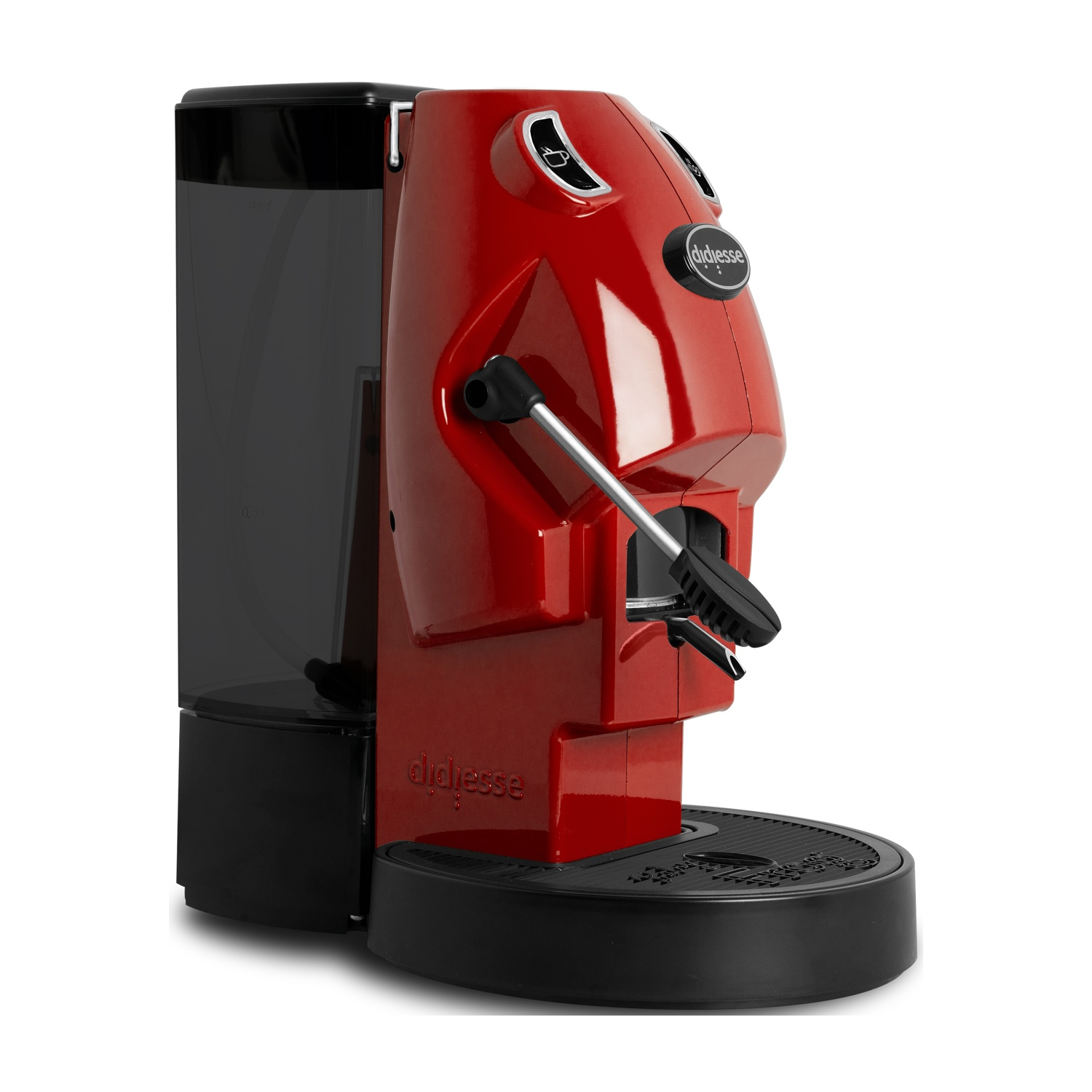Una macchina da caffè Didiesse rossa con base e serbatoio dell'acqua neri. Ha una leva e un beccuccio per il caffè. Lo sfondo è bianco.