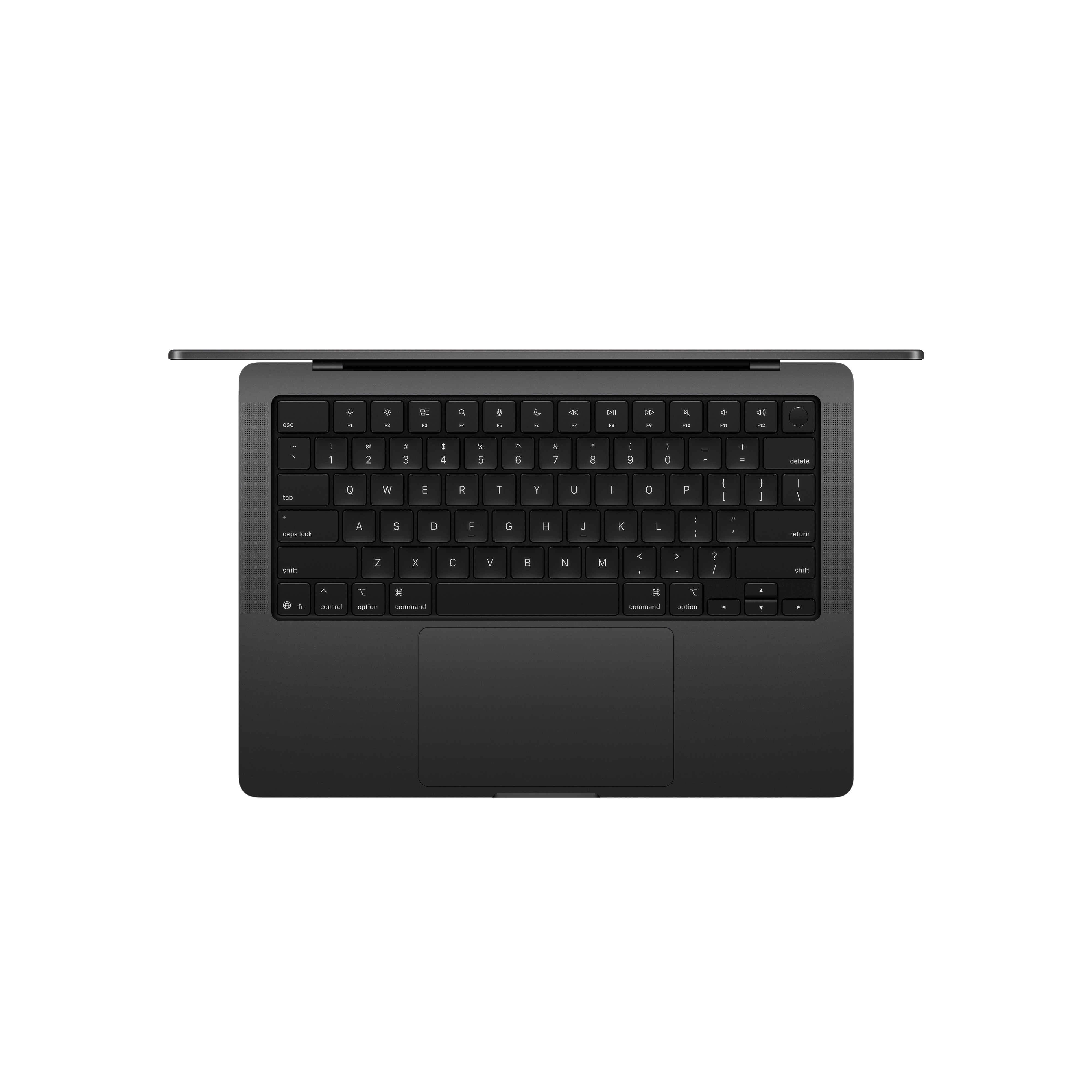 Draufsicht auf einen dunkelgrauen Laptop mit Tastatur, Touchpad und weißem Hintergrund.