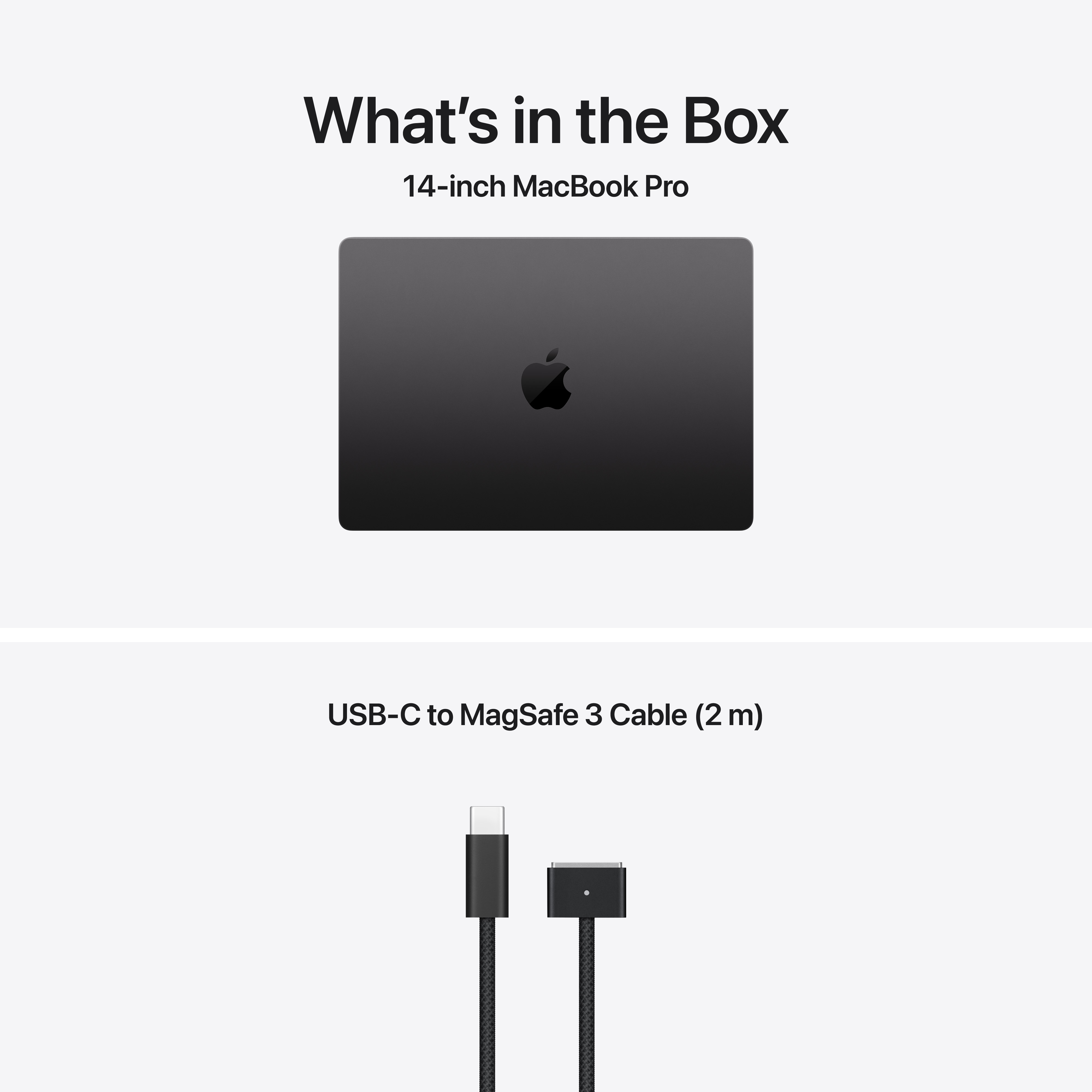 Das Bild zeigt ein MacBook Pro und ein USB-C-auf-MagSafe-3-Kabel. Der Laptop ist schwarz und das Kabel ist ebenfalls schwarz.