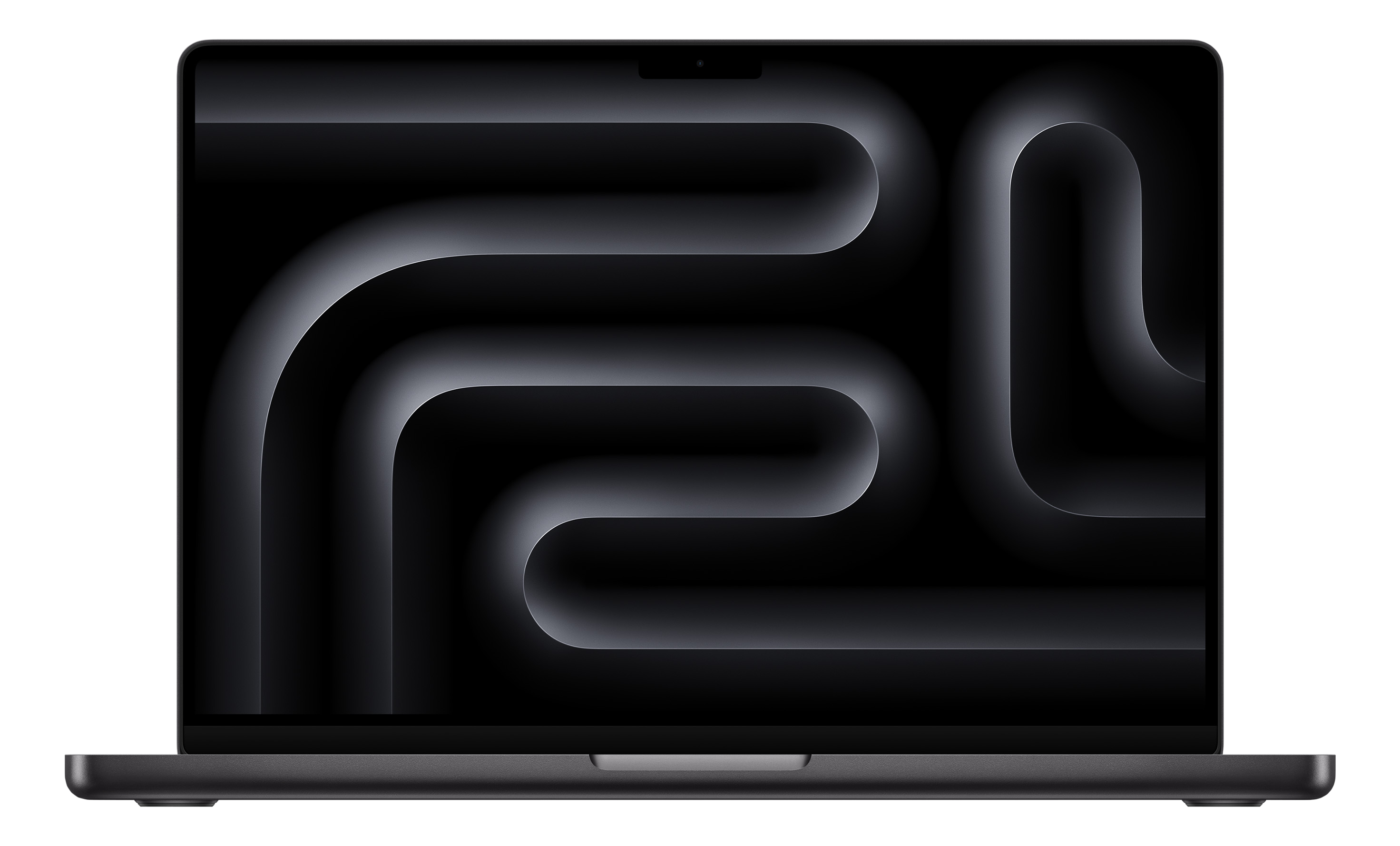 Un laptop grigio scuro è aperto, mostrando un design astratto in bianco e nero sullo schermo. Lo sfondo è nero.