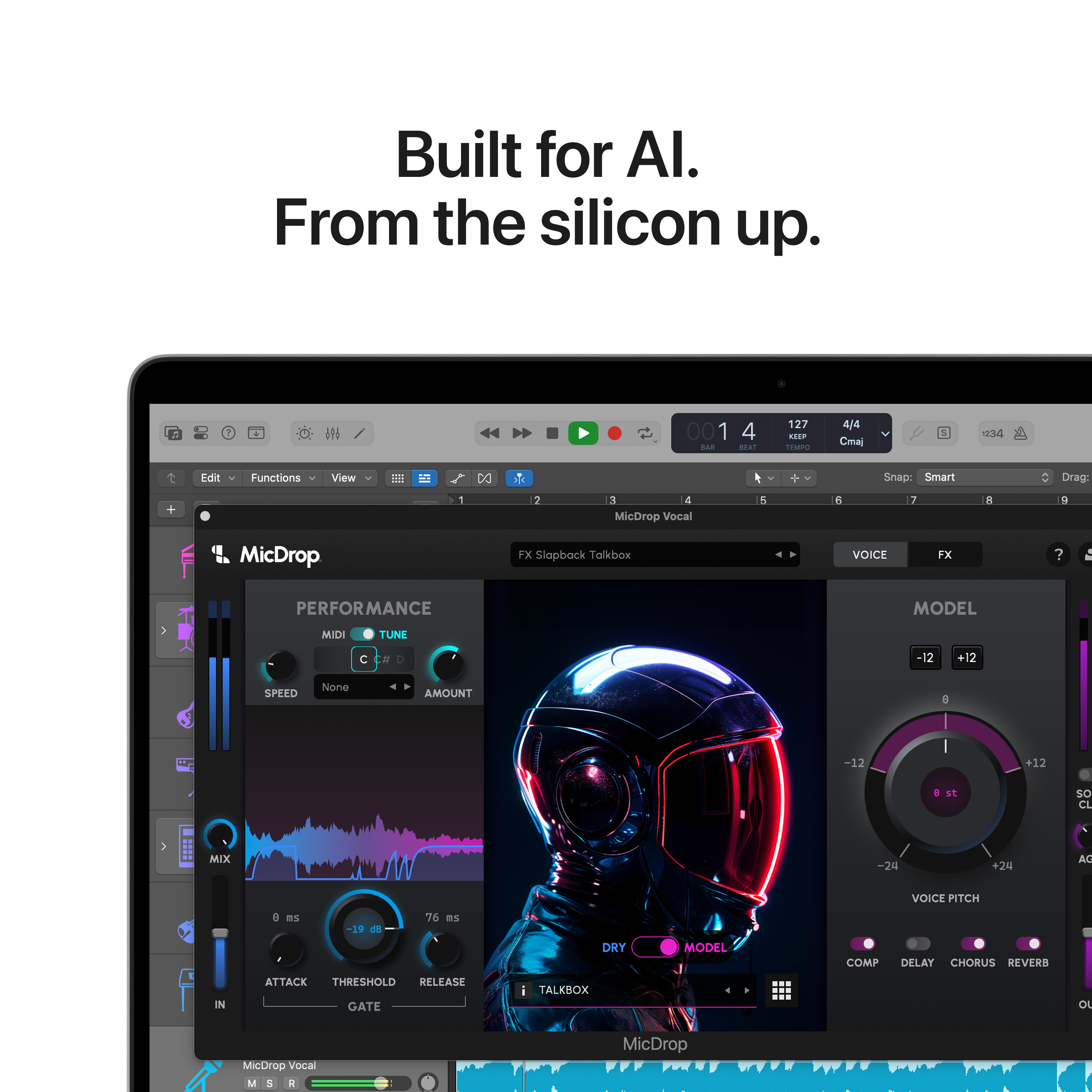 Un'interfaccia di workstation audio digitale, con controlli degli effetti audio e un'illustrazione di casco futuristico.