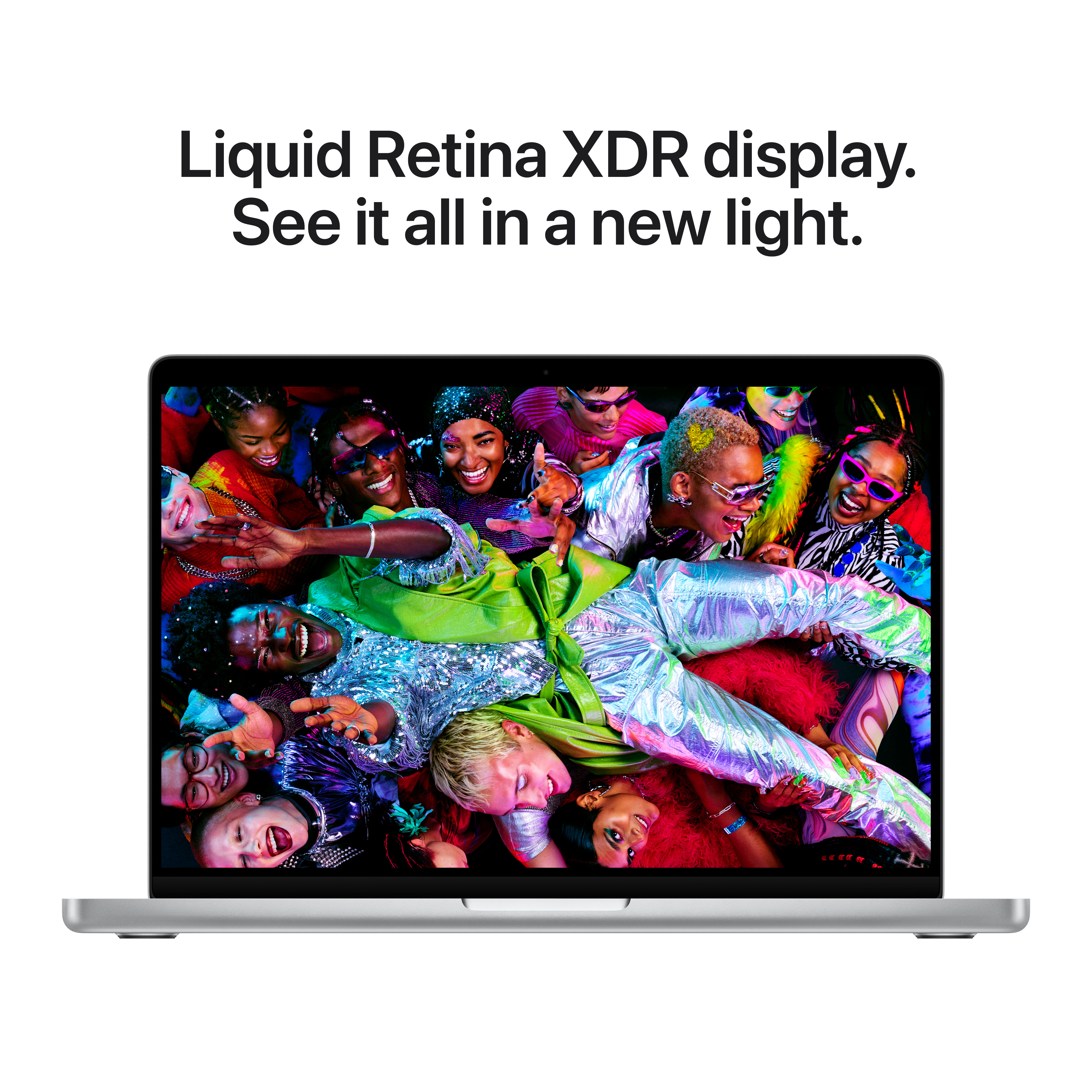 Il laptop mostra un gruppo di persone diverse e sorridenti, circondate da colori vivaci e con occhiali da sole.