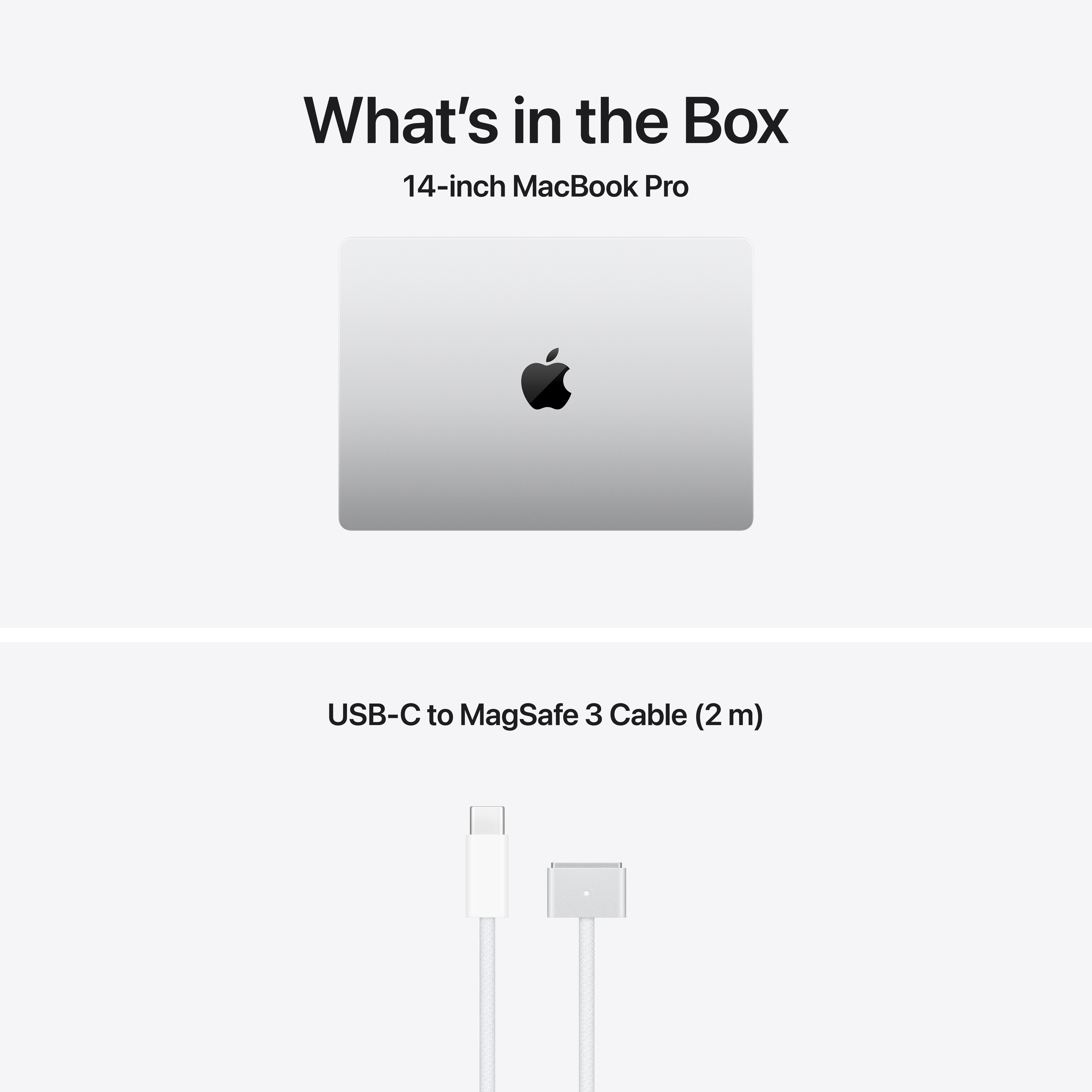 L'immagine mostra un MacBook Pro da 14 pollici e un cavo USB-C a MagSafe 3 (2 m), sfondo bianco.
