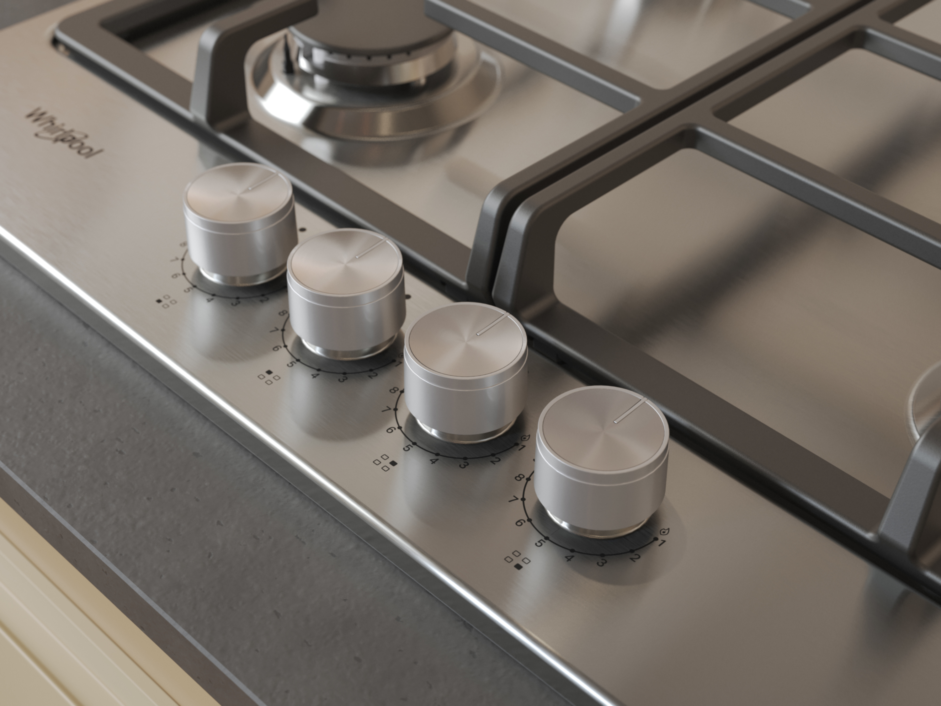Zbliżenie kuchenki gazowej ze stali nierdzewnej z czterema srebrnymi pokrętłami. Widoczne cyfry i logo Whirlpool.