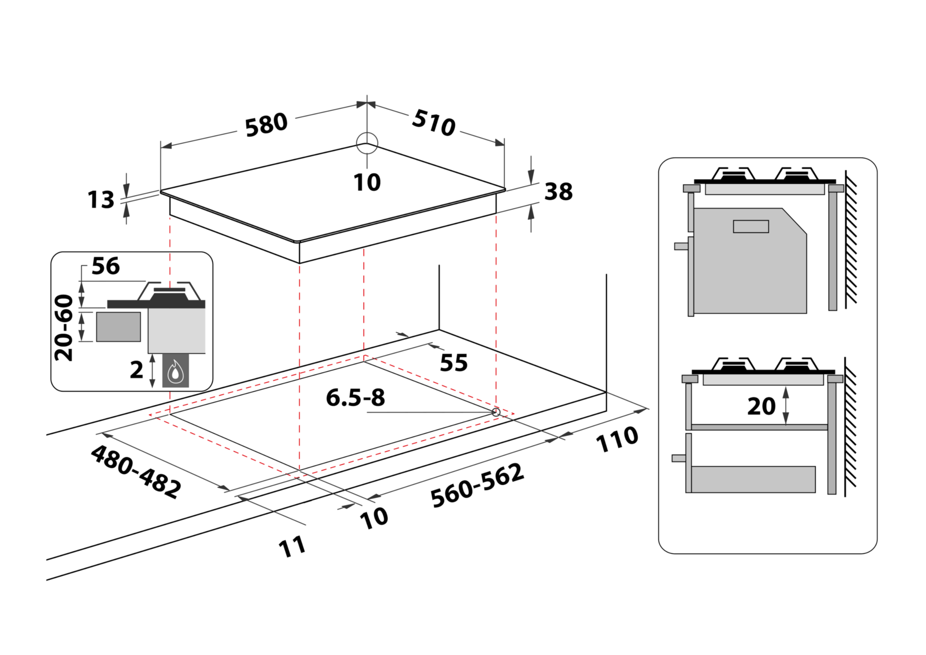 Schemat płyty grzewczej z wymiarami w milimetrach. Zawiera szczegółowy widok palników i widok z boku.