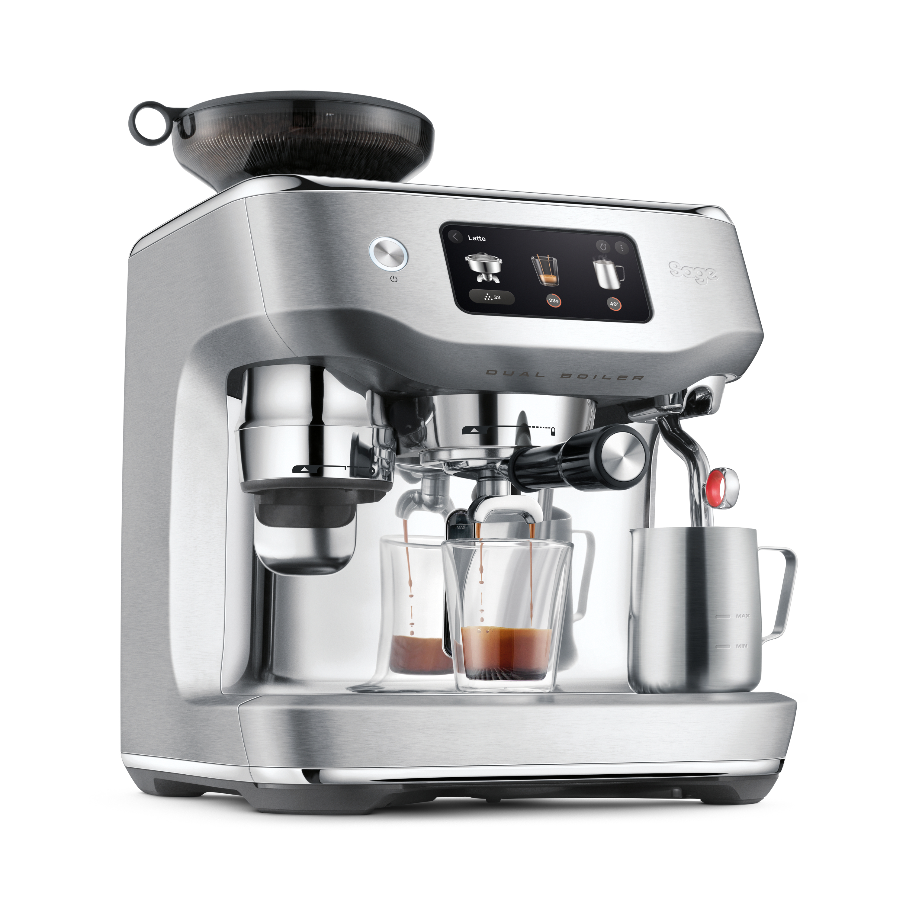 Silberne Espressomaschine mit zwei Gläsern, die sich mit Kaffee füllen, einem Metallkrug und einer Mühle.