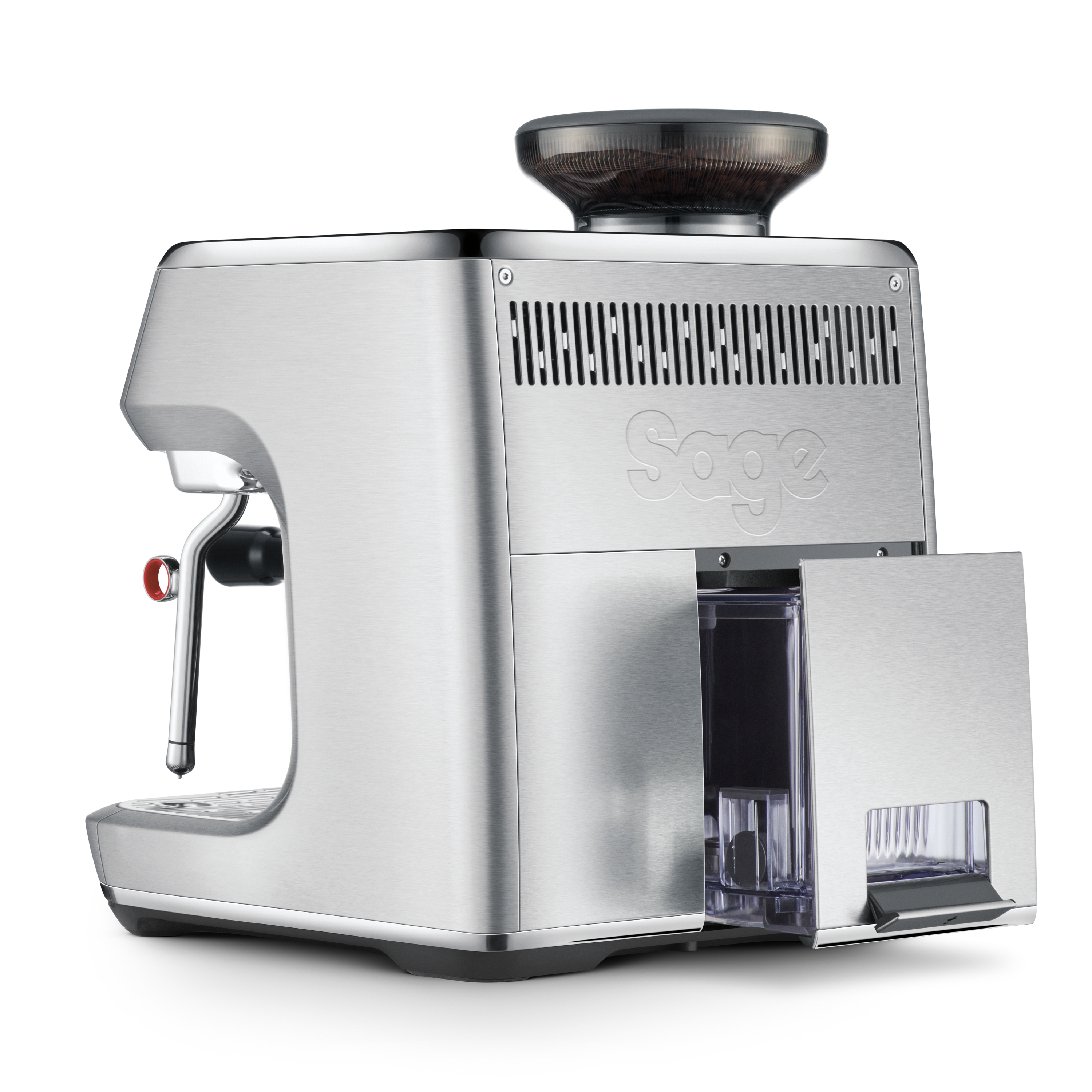 Eine silberne Sage Espressomaschine mit Bohnenbehälter, Wassertank und Dampflanze. Die Maschine steht vor weißem Hintergrund.