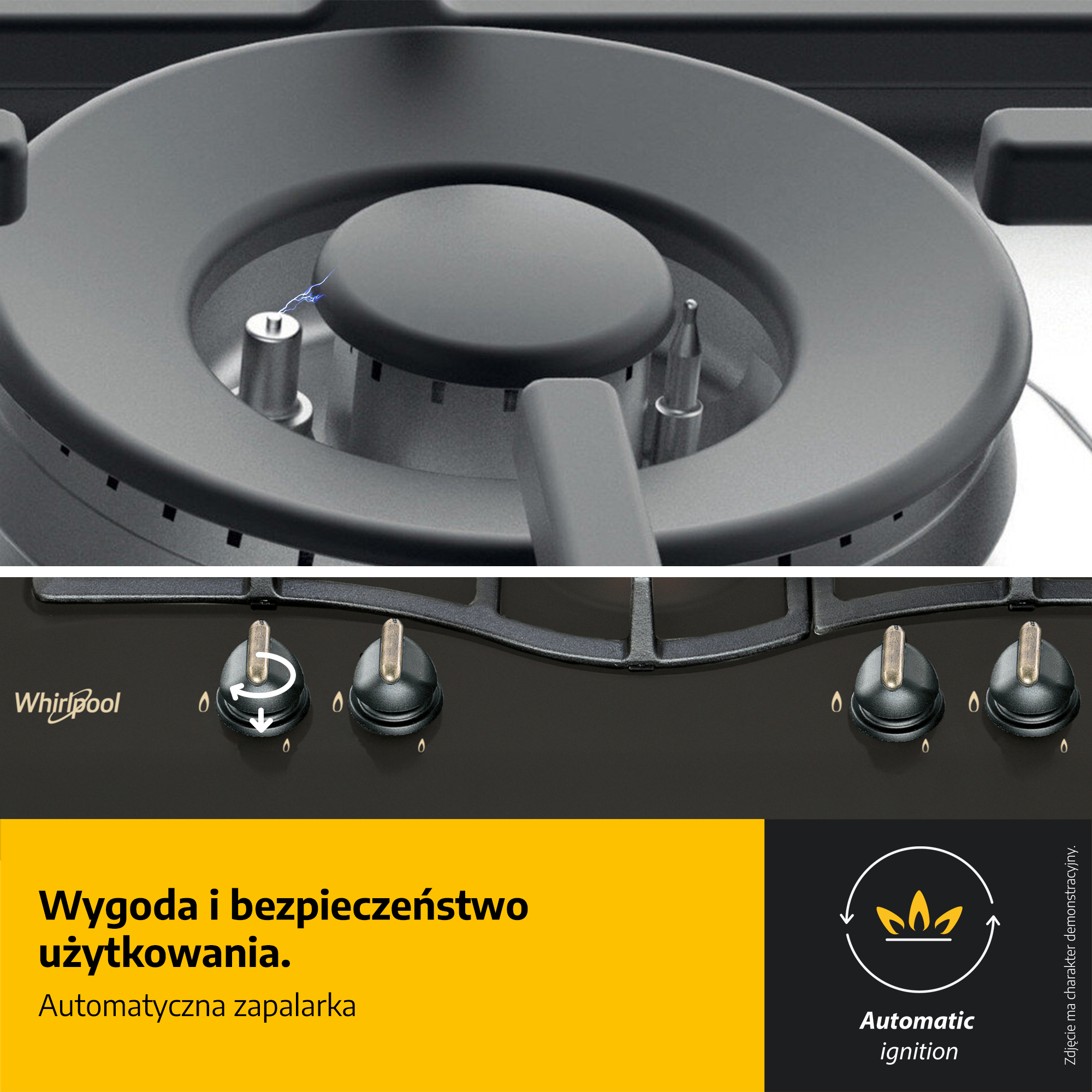 Zbliżenie czarnej kuchenki gazowej z pokrętłami i palnikiem. Iskry widoczne na palniku, wskazujące na automatyczny zapłon.