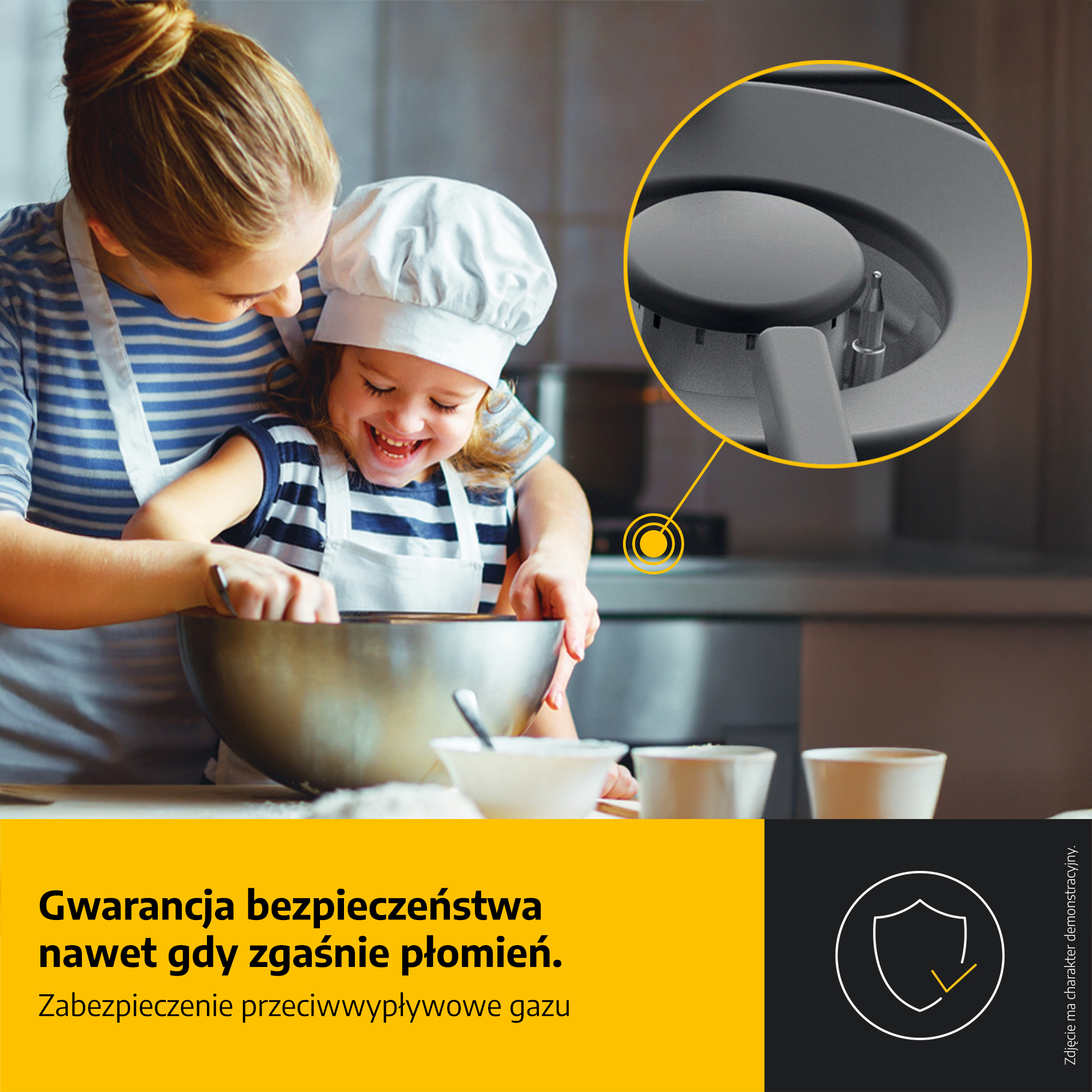 Kobieta i dziecko pieką razem. Dziecko ma na sobie czapkę kucharską i się uśmiecha. Podkreślony jest palnik kuchenki.