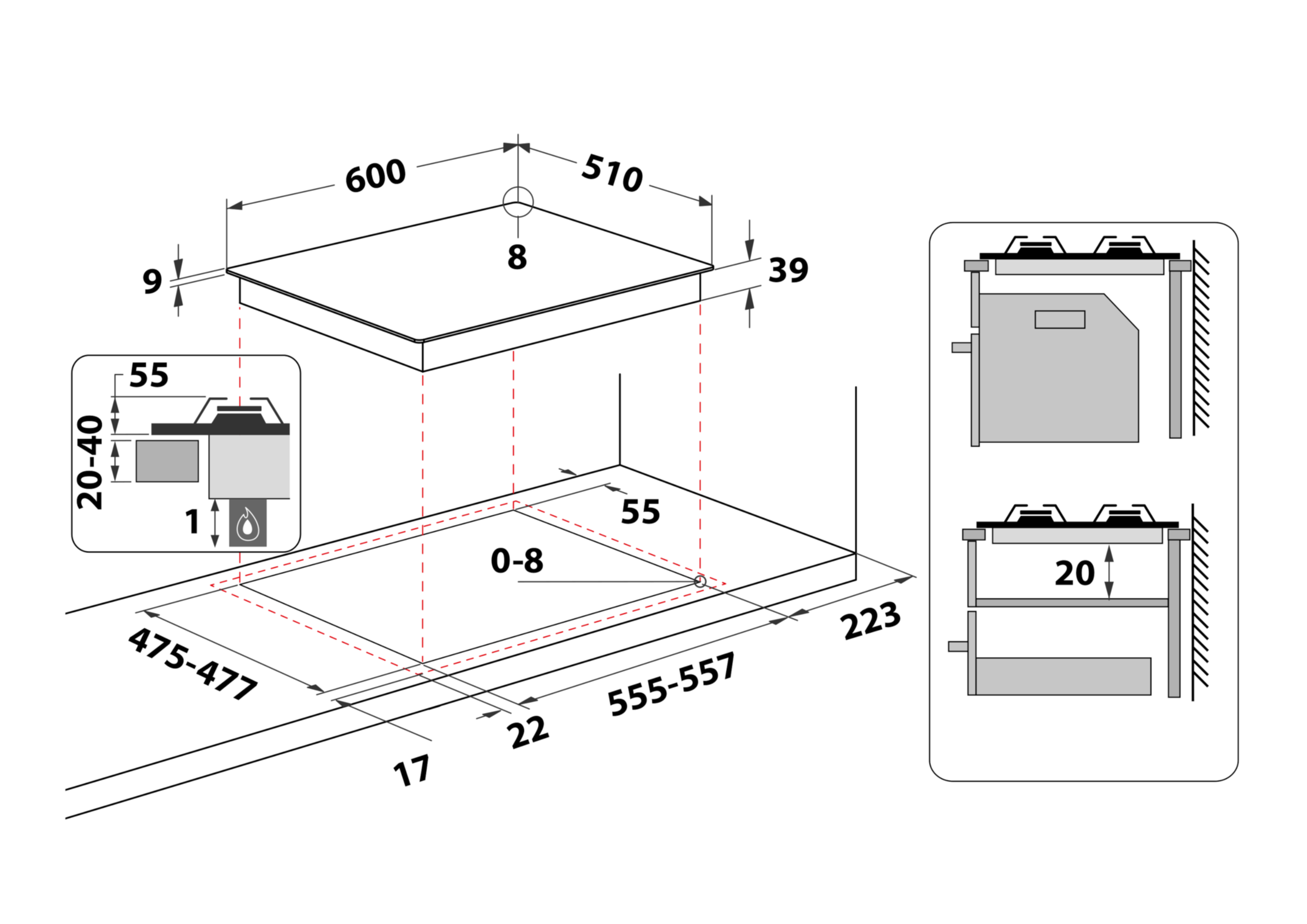 Schemat płyty grzejnej z wymiarami i przekrojami, prezentujący pomiary i szczegóły projektu.