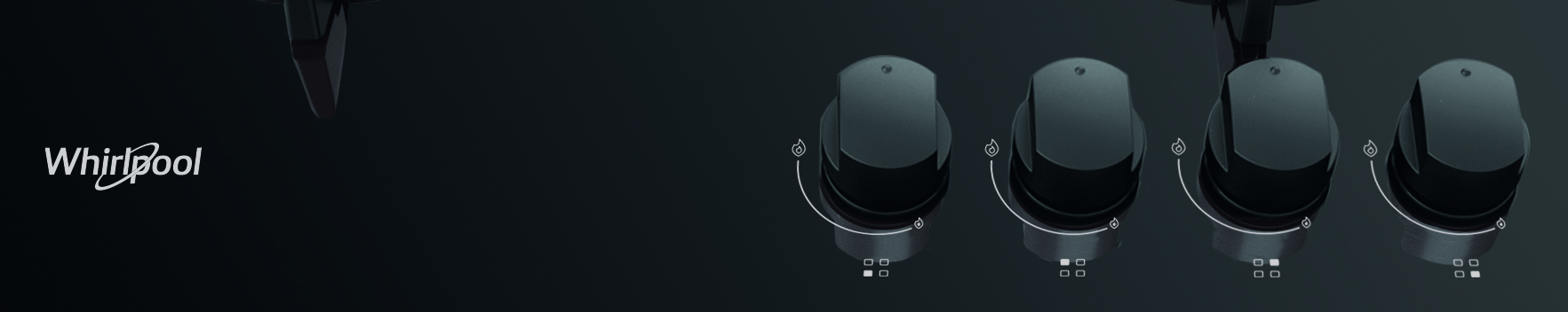 Czarna płyta grzewcza z czterema czarnymi pokrętłami. Logo Whirlpool po lewej. Pokrętła mają białe oznaczenia.