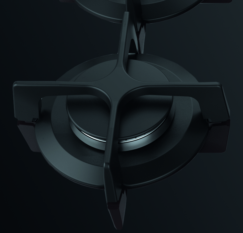 Zbliżenie czarnego palnika kuchenki gazowej z krzyżowym wspornikiem. Tło to ciemny gradient.