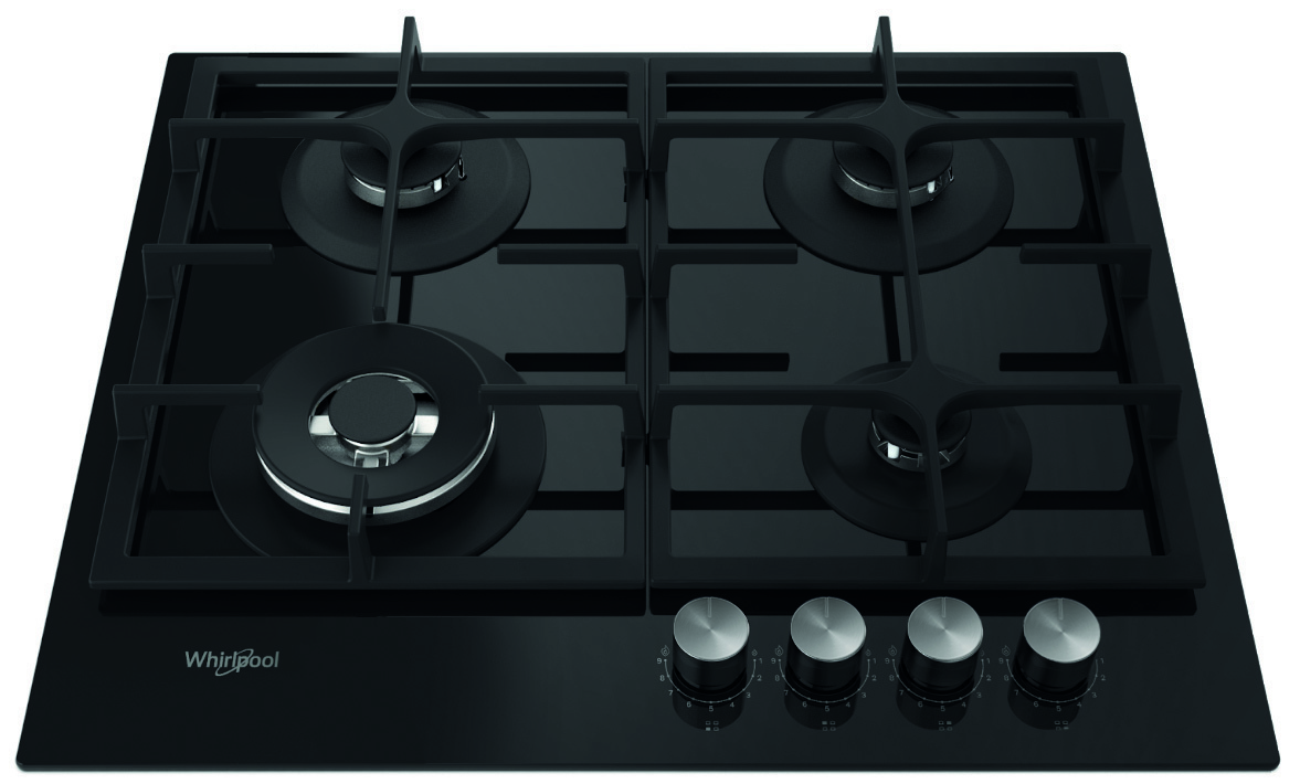 Czarna płyta gazowa Whirlpool. Ma cztery palniki z czarnymi rusztami i cztery srebrne pokrętła na czarnej powierzchni.