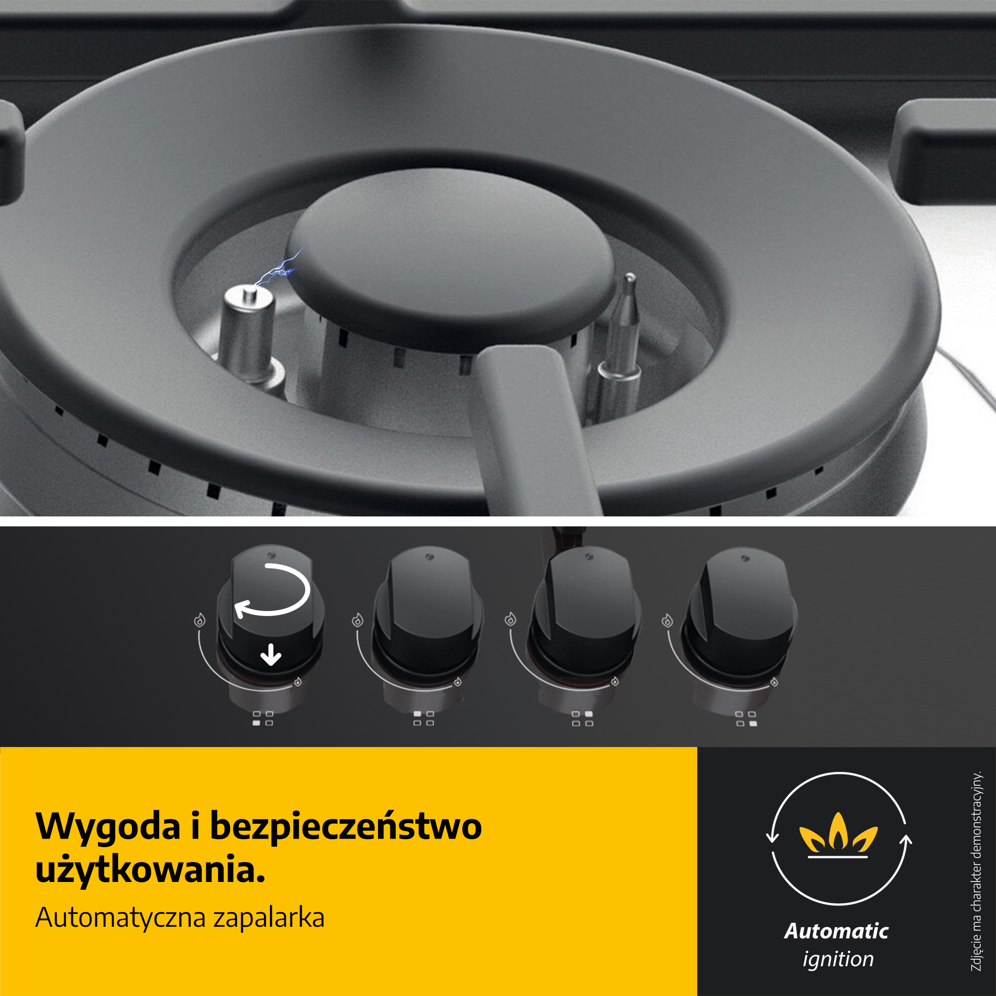 Zbliżenie czarnej kuchenki gazowej z pokrętłami. Obraz podkreśla automatyczne zapalanie i funkcje bezpieczeństwa.