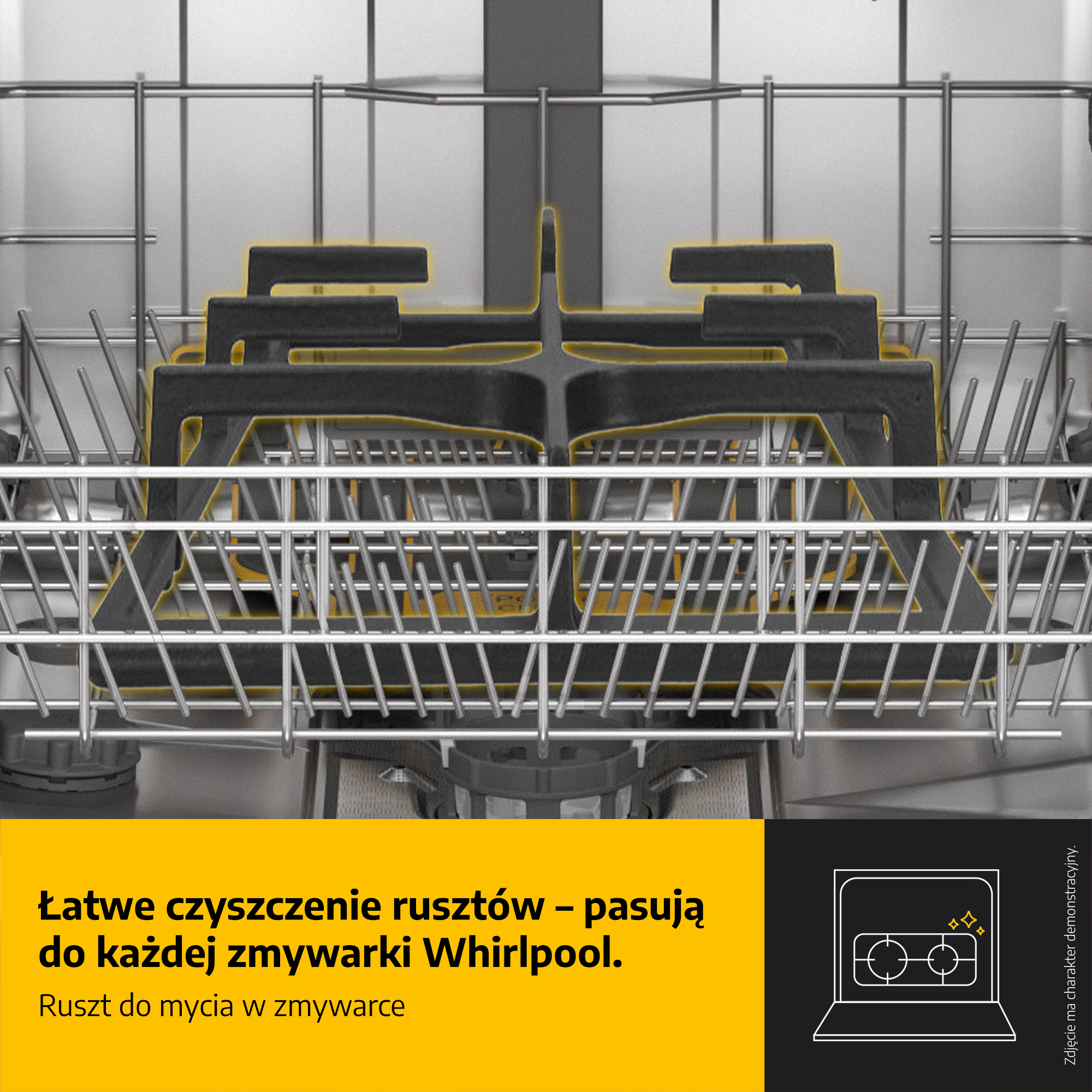 Wnętrze zmywarki z czarnymi stojakami i żółtymi akcentami. Pręty ze stali nierdzewnej tworzą strukturę. Tekst na dole.