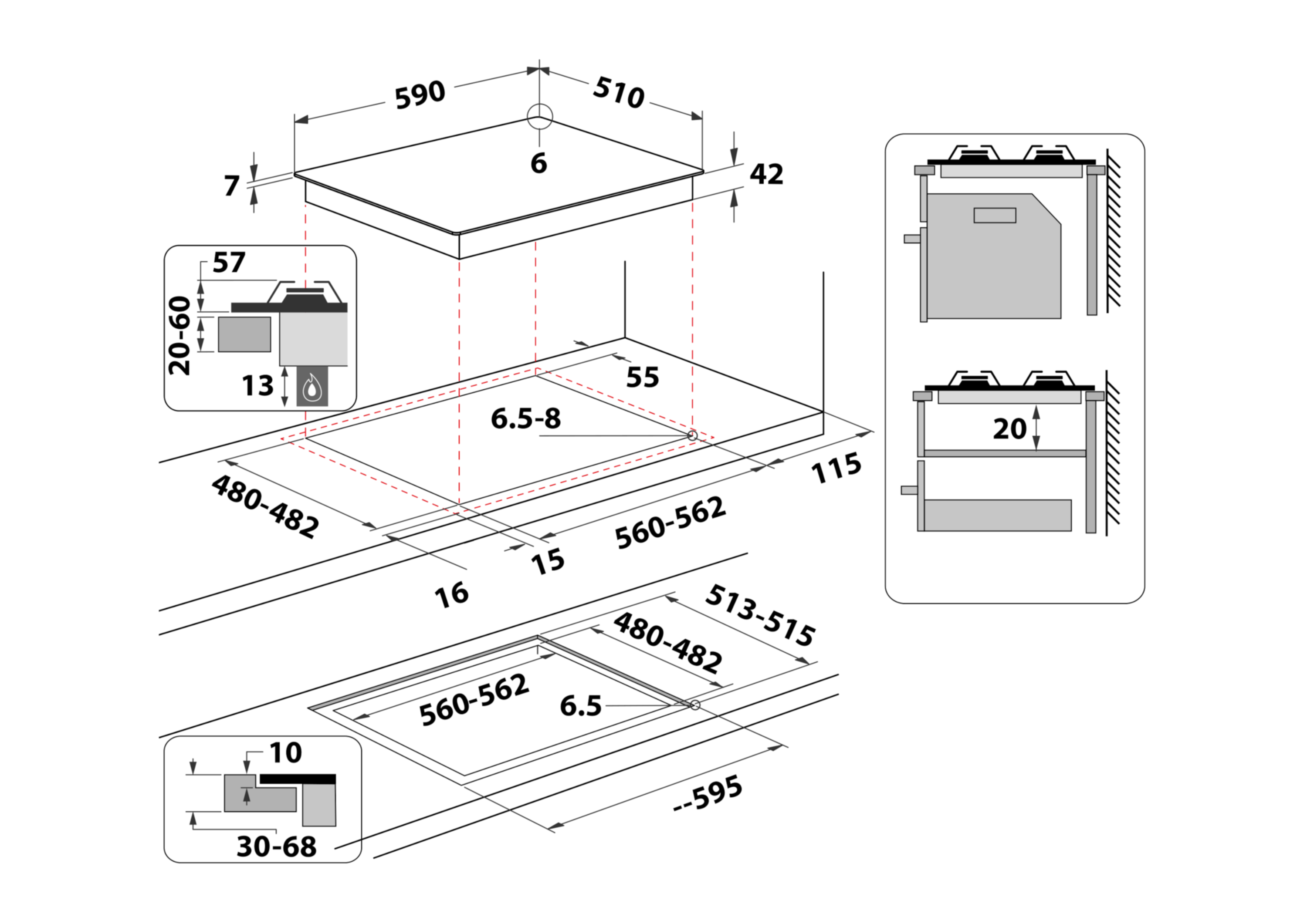 Schemat płyty grzewczej z wymiarami w mm. Zawiera wymiary wycięcia i ogólne rozmiary oraz szczegóły.