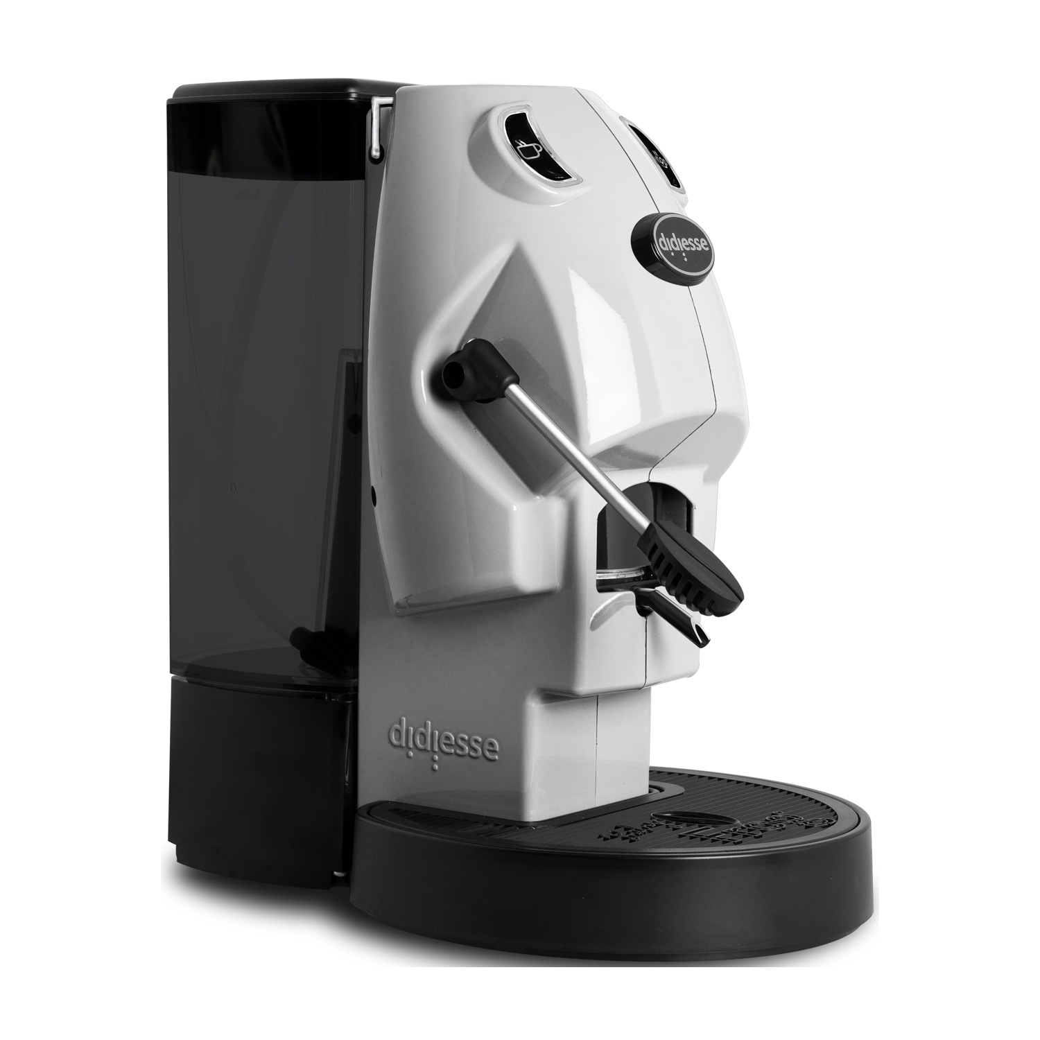 Una macchina da caffè Didiesse bianca e nera. Ha un serbatoio dell'acqua, un manico e una base nera. Il logo è visibile.