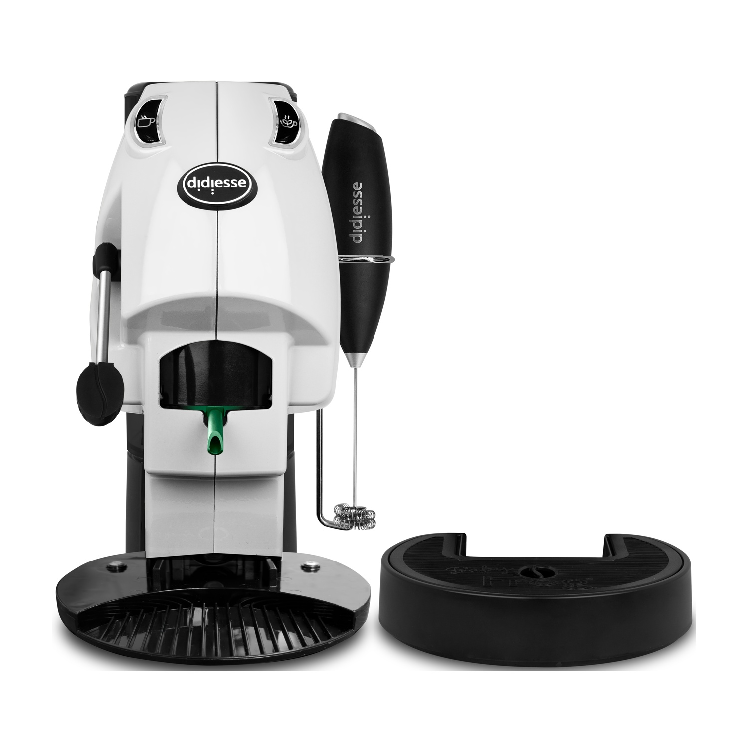 Macchina per espresso bianca e nera con base nera separata e montalatte. Il marchio è visibile.