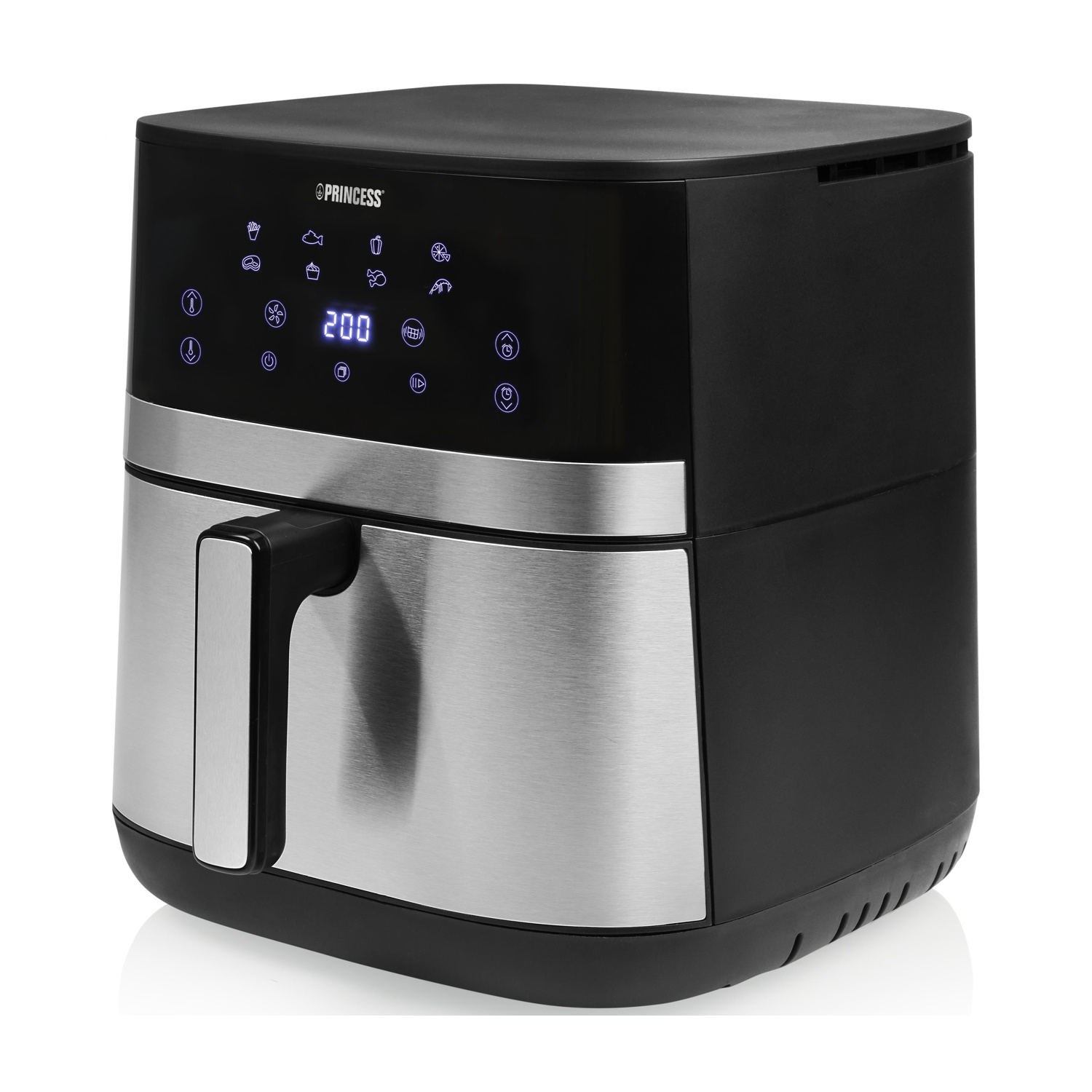 Friggitrice ad aria Princess nera e argento. Ha un display digitale e una maniglia. Lo sfondo è bianco.