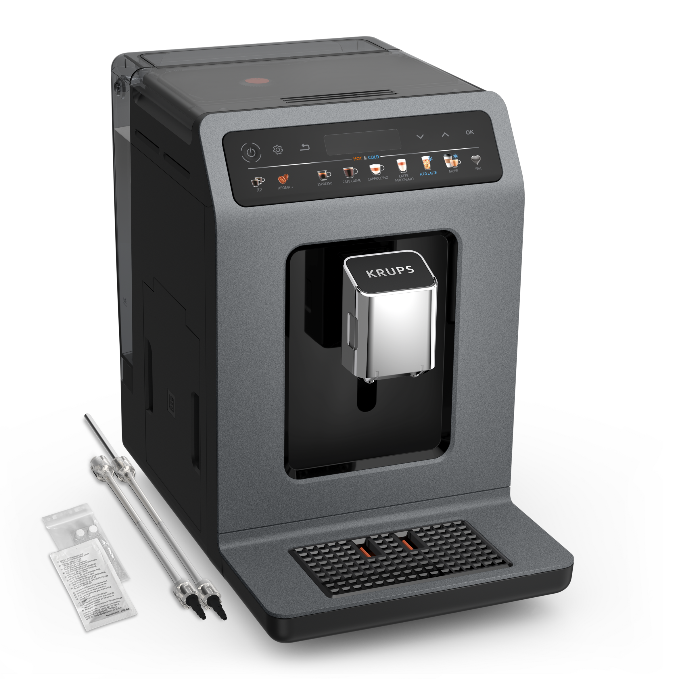 Gri Krups espresso makinesi ve aksesuarları. Siyah ön panel ve ekranı var.