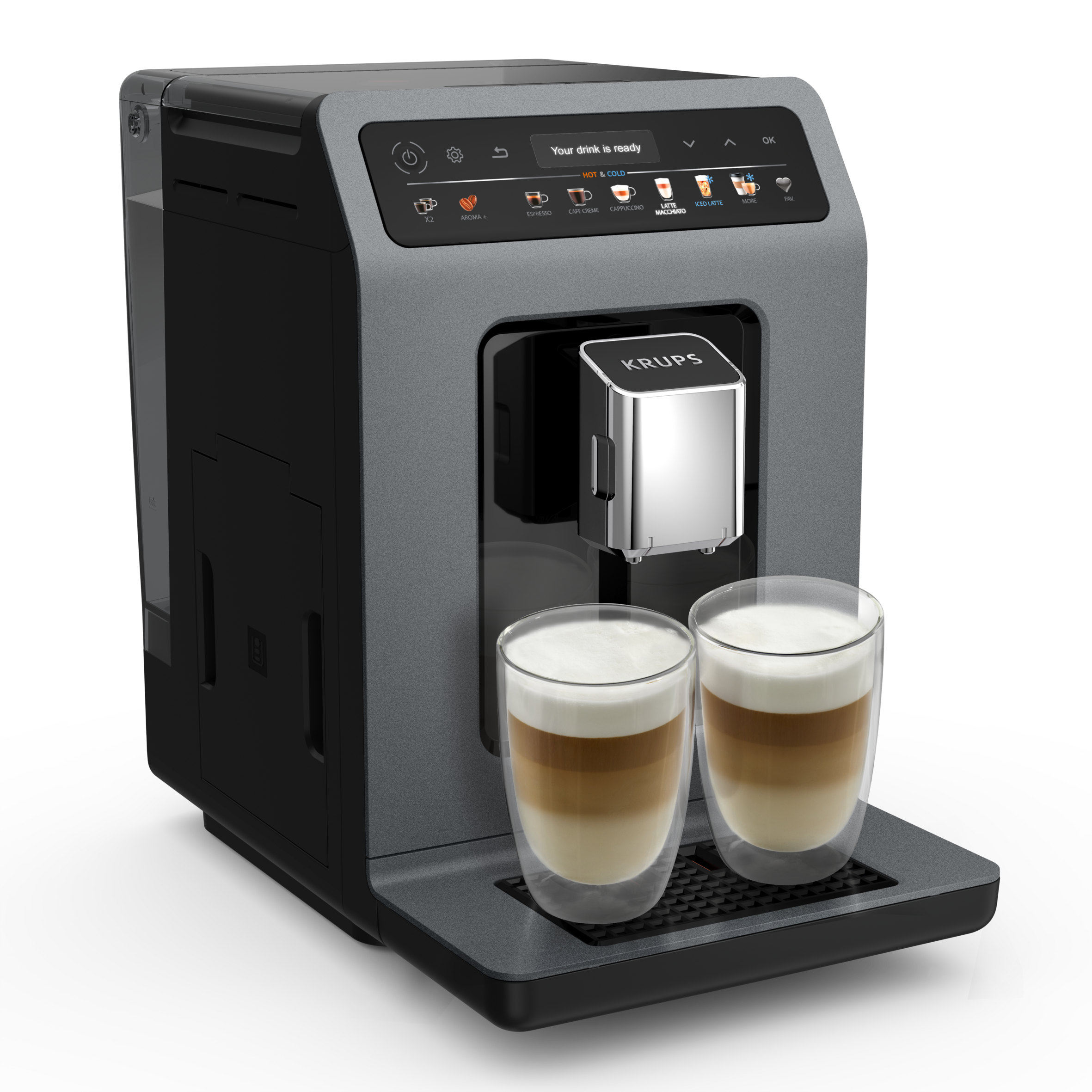 İki latte macchiato ile bir kahve makinesi. Makine gri ve siyah renkte, içecek seçeneklerini gösteren bir ekranla.