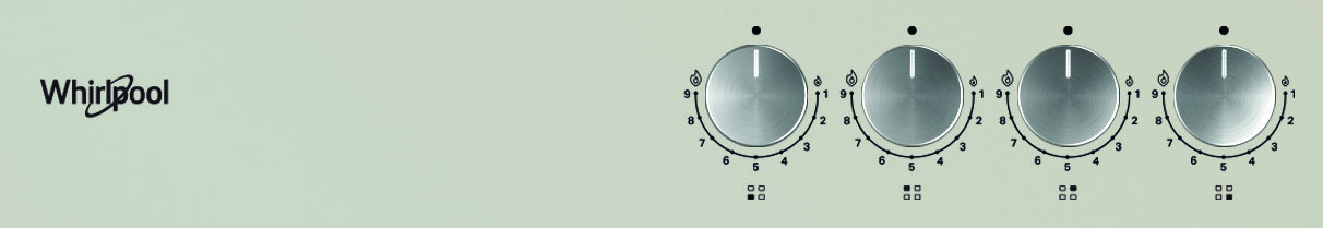 Jasnozielony panel sterowania urządzenia z czterema okrągłymi pokrętłami i logo Whirlpool.