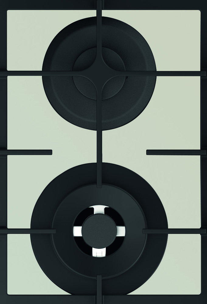 Zbliżenie kuchenki gazowej. Czarne palniki i ruszty na jasnym zielonym tle. Projekt jest symetryczny.