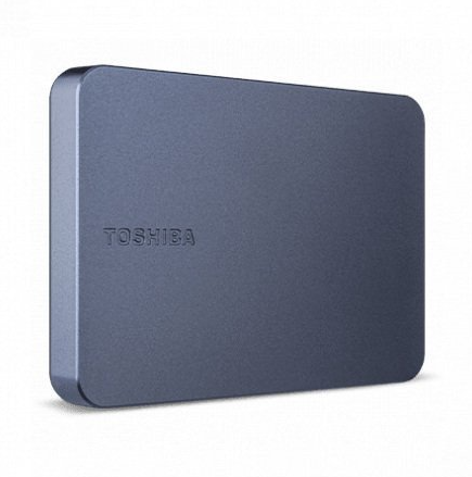 Niebieski zewnętrzny dysk twardy Toshiba na białym tle. Widoczne logo Toshiba. Urządzenie ma zaokrąglone krawędzie.