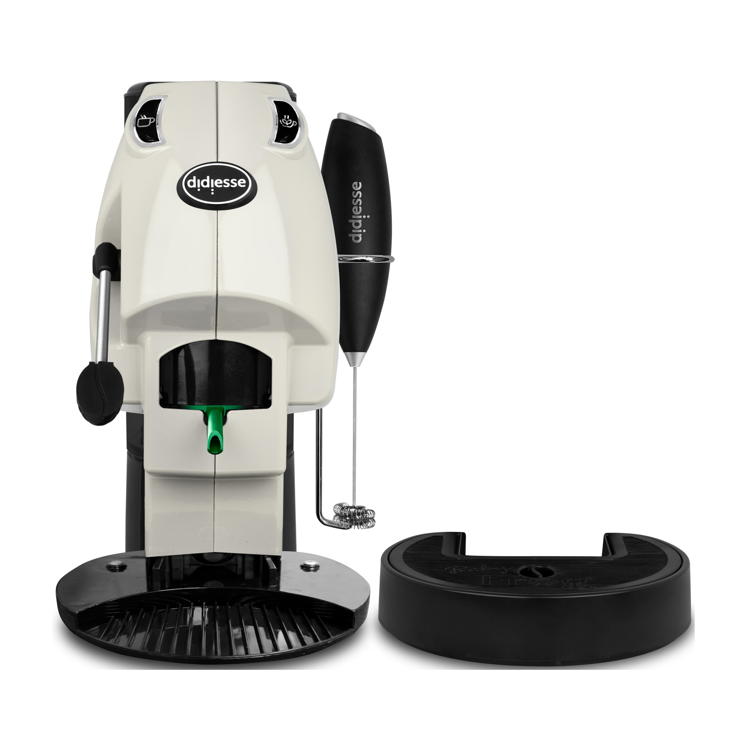 Una macchina per espresso con schiumatore e base separata. La macchina è bianca e nera, con un beccuccio verde.
