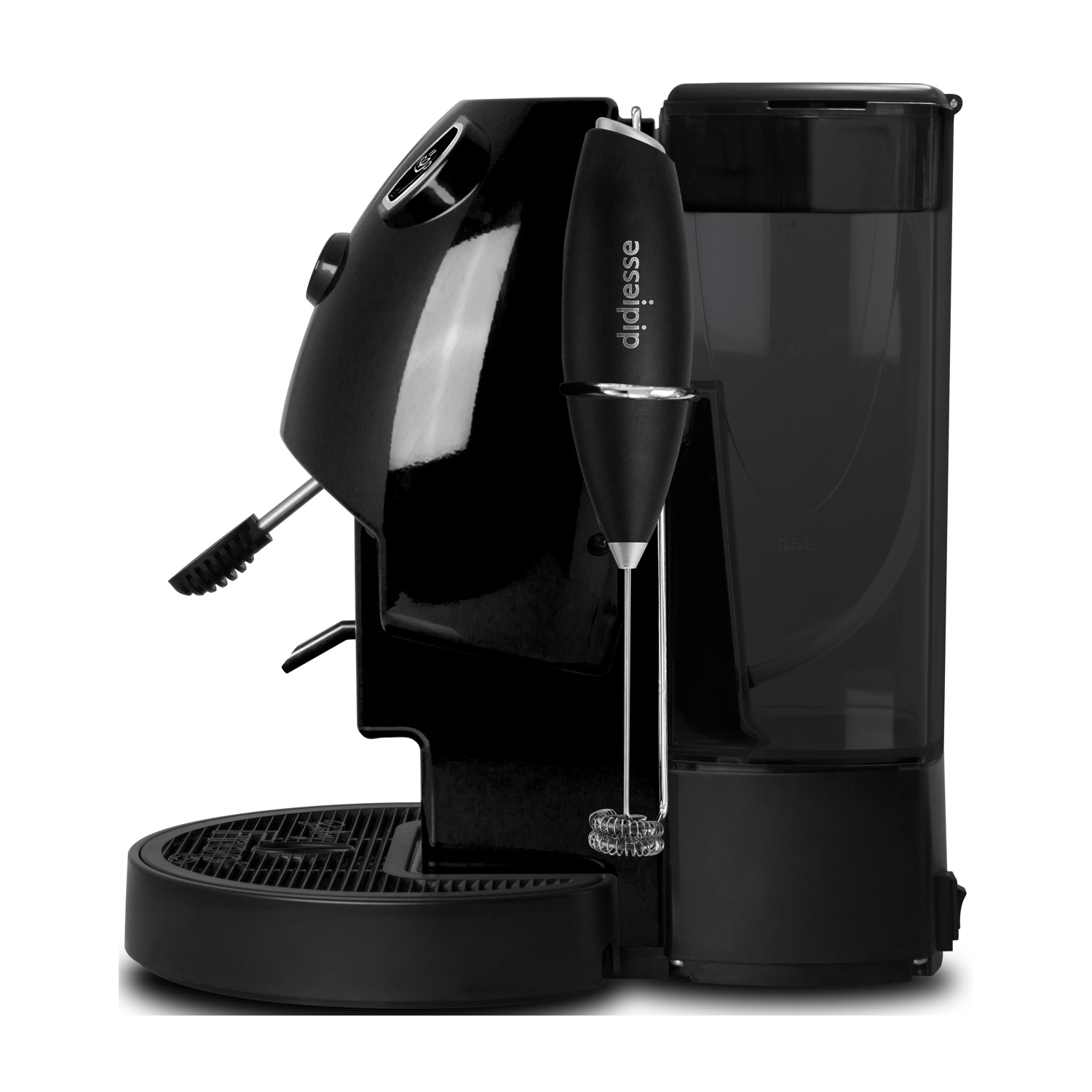Macchina per espresso nera con montalatte e serbatoio dell'acqua. Il marchio 'essipse' è visibile sul montalatte.