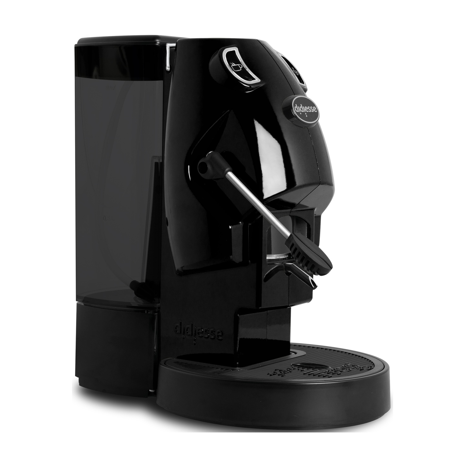 Una macchina da caffè Didiesse nera. Ha un serbatoio dell'acqua a sinistra, una leva e un vassoio raccogli gocce. La macchina è su sfondo bianco.