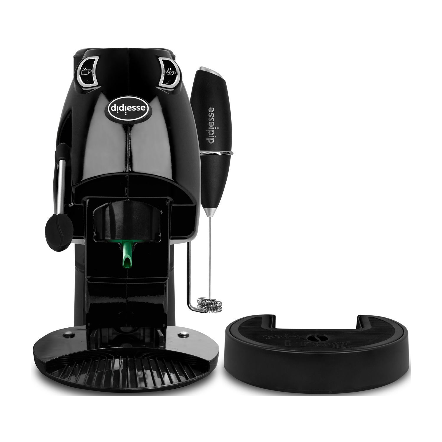 Una macchina da caffè Didiesse nera con schiumatore e base separata. La macchina ha il logo del marchio e un beccuccio verde.