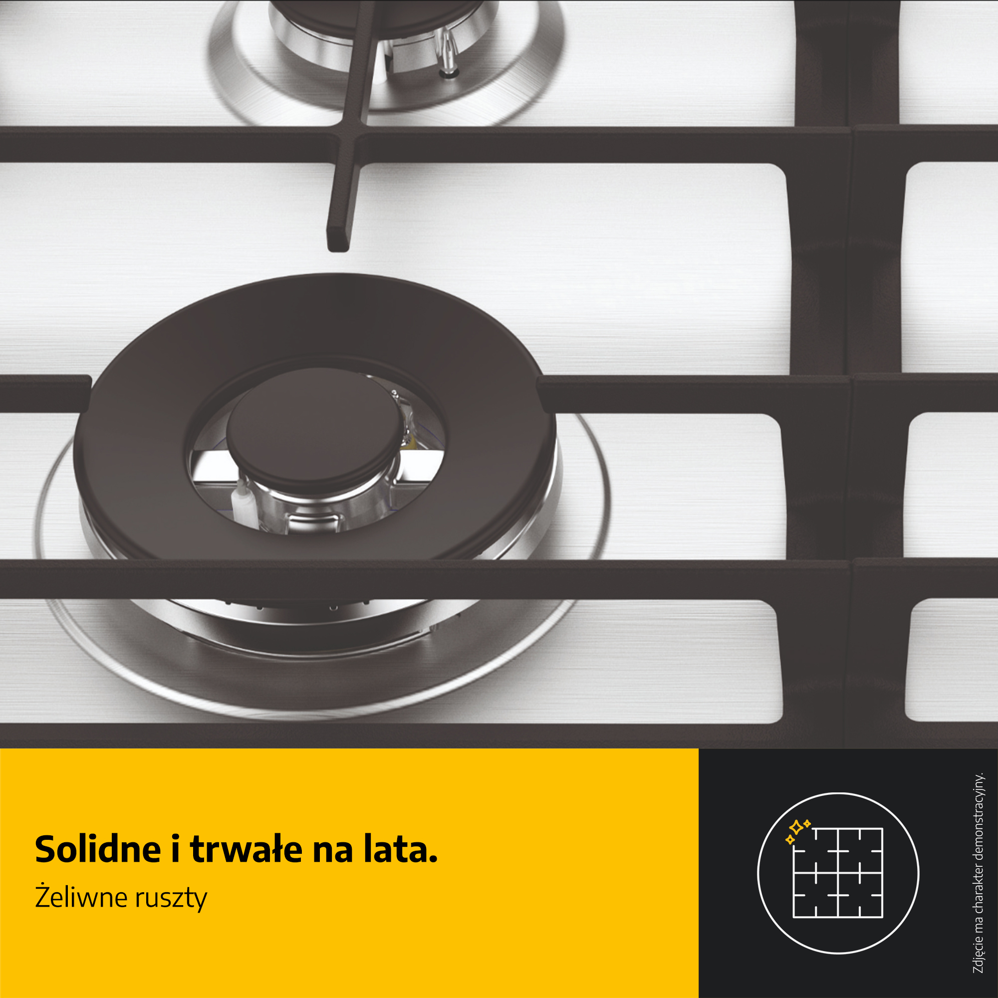 Zbliżenie kuchenki gazowej z czarnymi elementami palnika i metalową powierzchnią. Żółty baner z tekstem i logo.