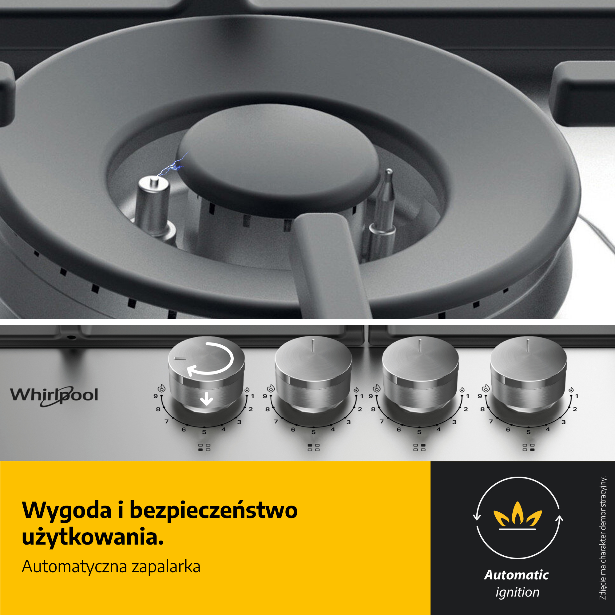 Zbliżenie płyty grzejnej z pokrętłami i palnikiem. Widoczne logo Whirlpool. Posiada automatyczny zapłon.