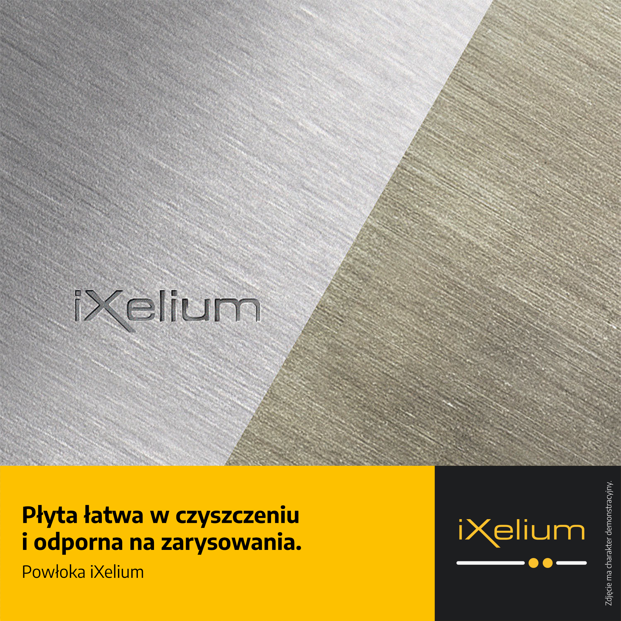 Obraz z teksturowaną powierzchnią podzieloną po przekątnej. Logo iXelium u góry. Tekst po polsku na dole.