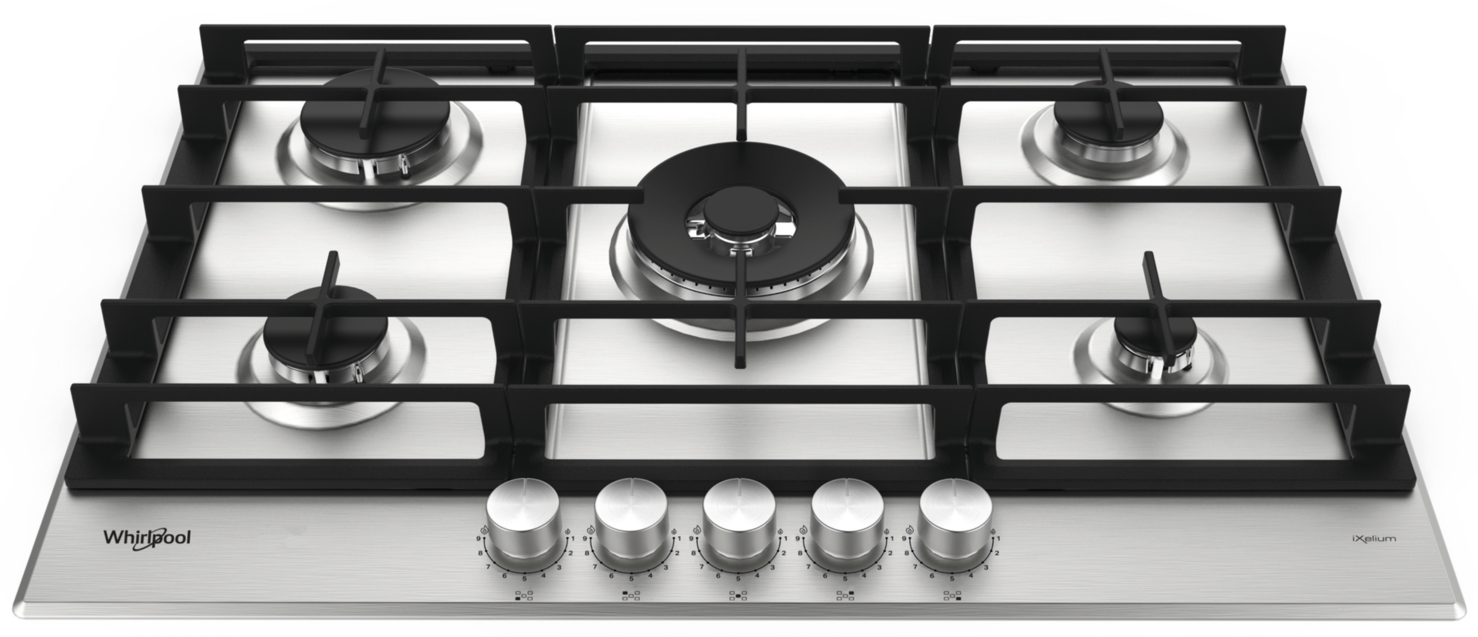 Płyta gazowa ze stali nierdzewnej z pięcioma palnikami. Czarne ruszty zakrywają palniki. Srebrne pokrętła z przodu.