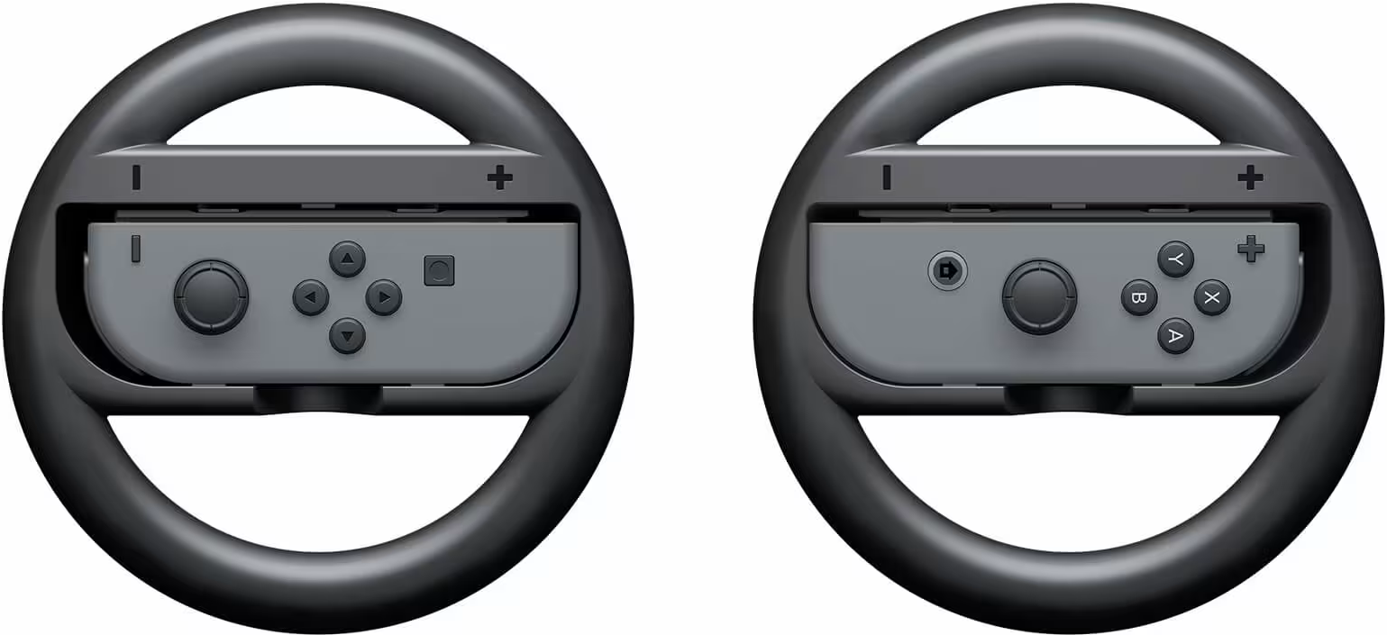 Twee zwarte stuurwielbevestigingen voor een Nintendo Switch. Elk heeft een grijze controller met knoppen en een joystick.