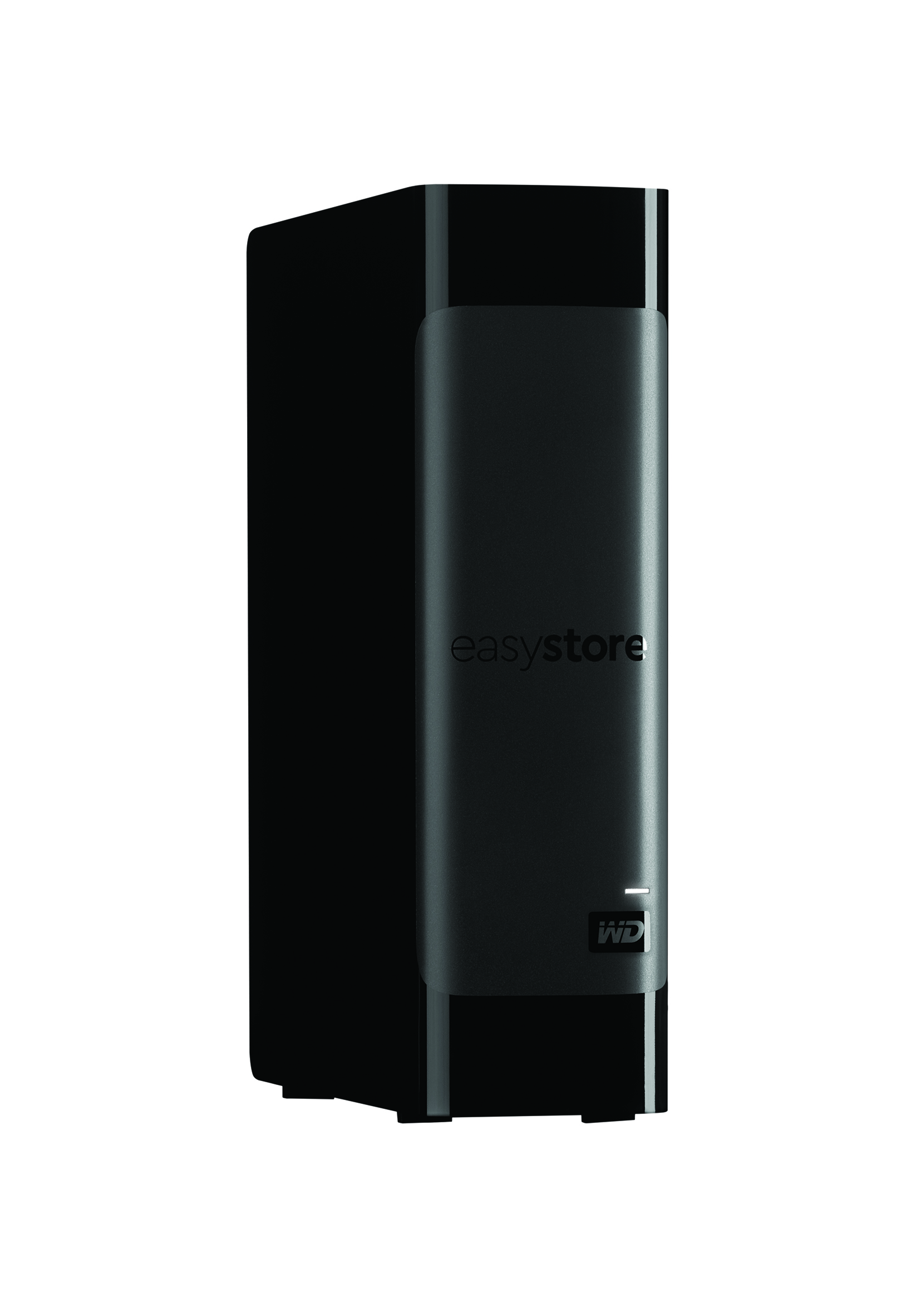 Schwarze externe Festplatte auf weißem Hintergrund. Sie hat den Markennamen 'easystore' und das 'WD'-Logo.