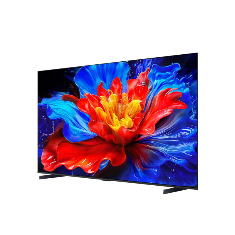 Büyük bir TV, canlı bir çiçek görüntüsü görüntüler. Kırmızı, sarı ve mavi yapraklar dinamik ve renkli bir ekran oluşturur.