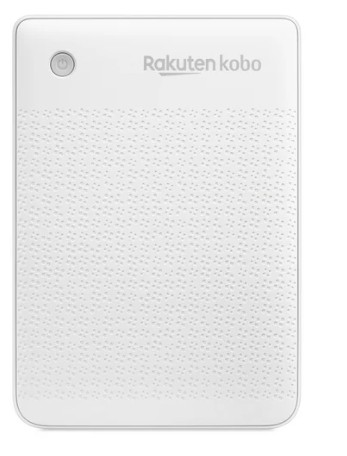 Beyaz bir Rakuten Kobo e-okuyucu. Bir güç düğmesi, logo ve dokulu bir yüzeye sahiptir.