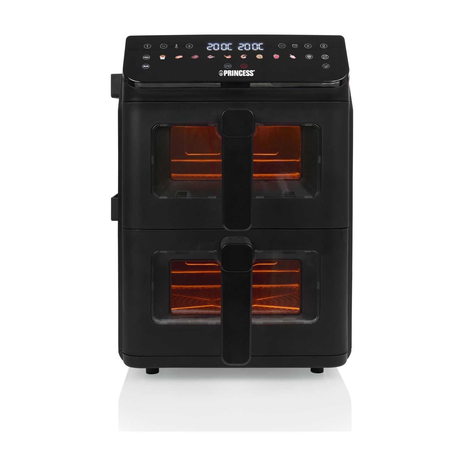Friggitrice ad aria doppia nera su bianco. Display digitale mostra tempo e temperatura. Porte trasparenti rivelano cestelli interni.