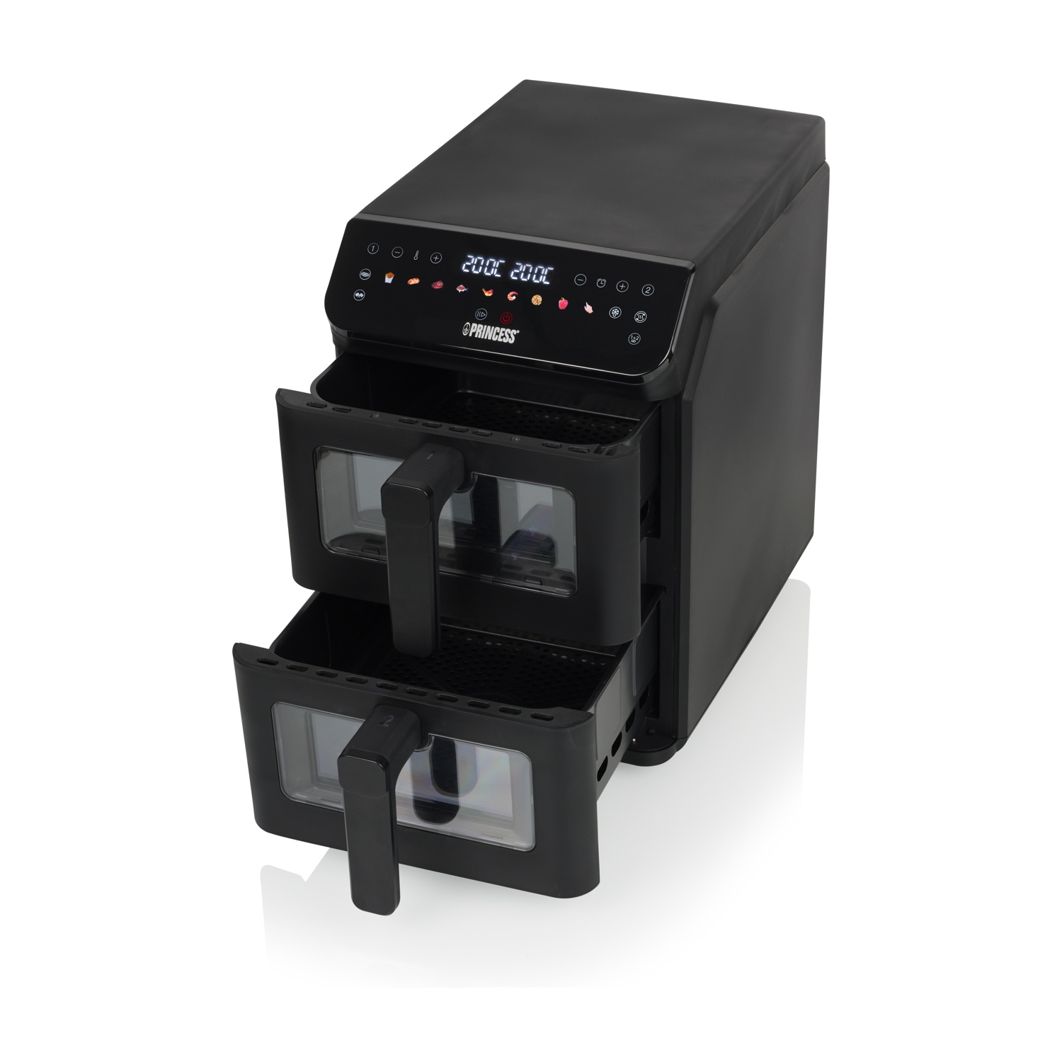 Una friggitrice ad aria Princess nera con due cassetti, un display digitale e un pannello di controllo, su sfondo bianco.
