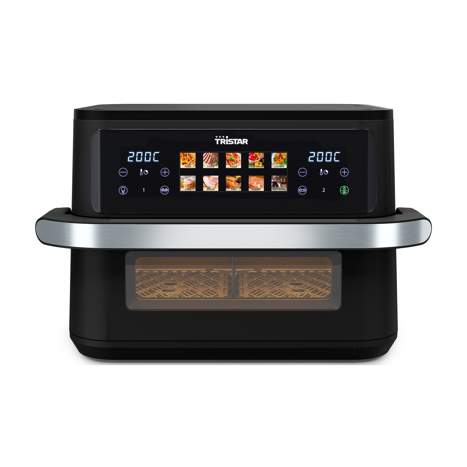 Friggitrice ad aria Tristar nera con display digitale che mostra 200°C. Ha preimpostazioni alimentari: patatine fritte, bistecca, pizza, verdure, pollo, ecc.