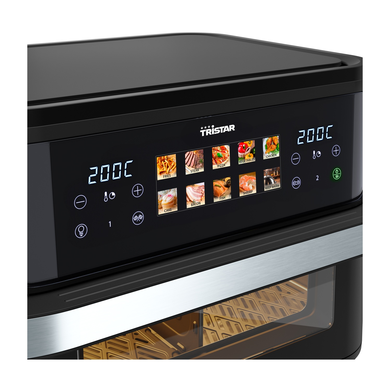 Friggitrice ad aria Tristar nera con display digitale che mostra la temperatura e le opzioni alimentari come patatine fritte, bistecca, pizza, verdure e pollo.