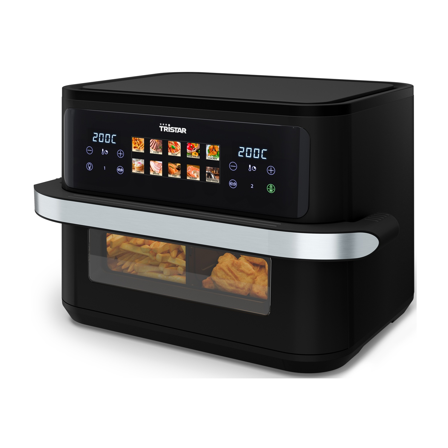 Friggitrice ad aria nera con display digitale. Mostra icone di cibo e opzioni di cottura. Contiene patatine fritte e pollo nel cassetto trasparente.