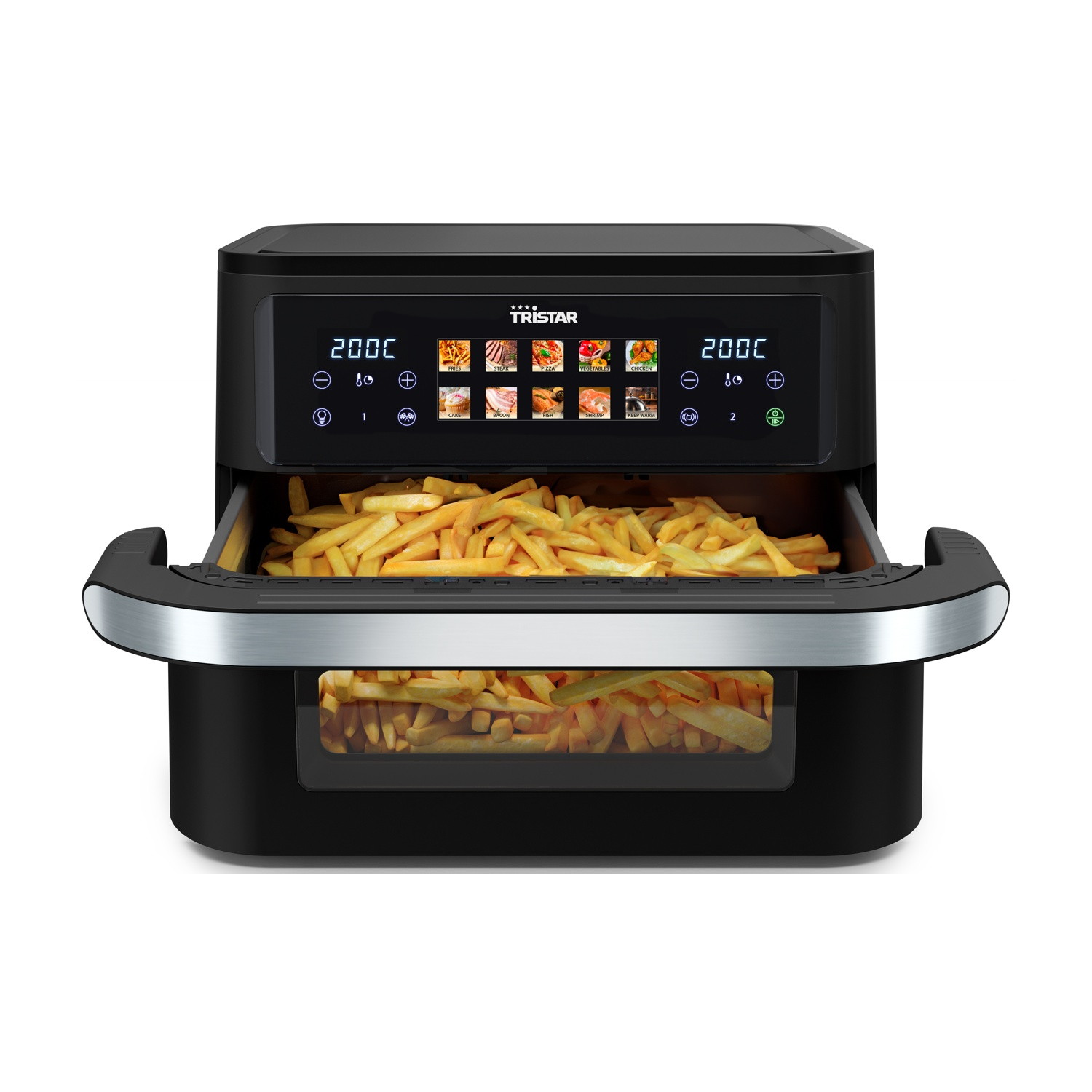Friggitrice ad aria nera con patatine fritte all'interno. Dispone di display digitali e varie preimpostazioni di cottura. Le patatine sono dorate.